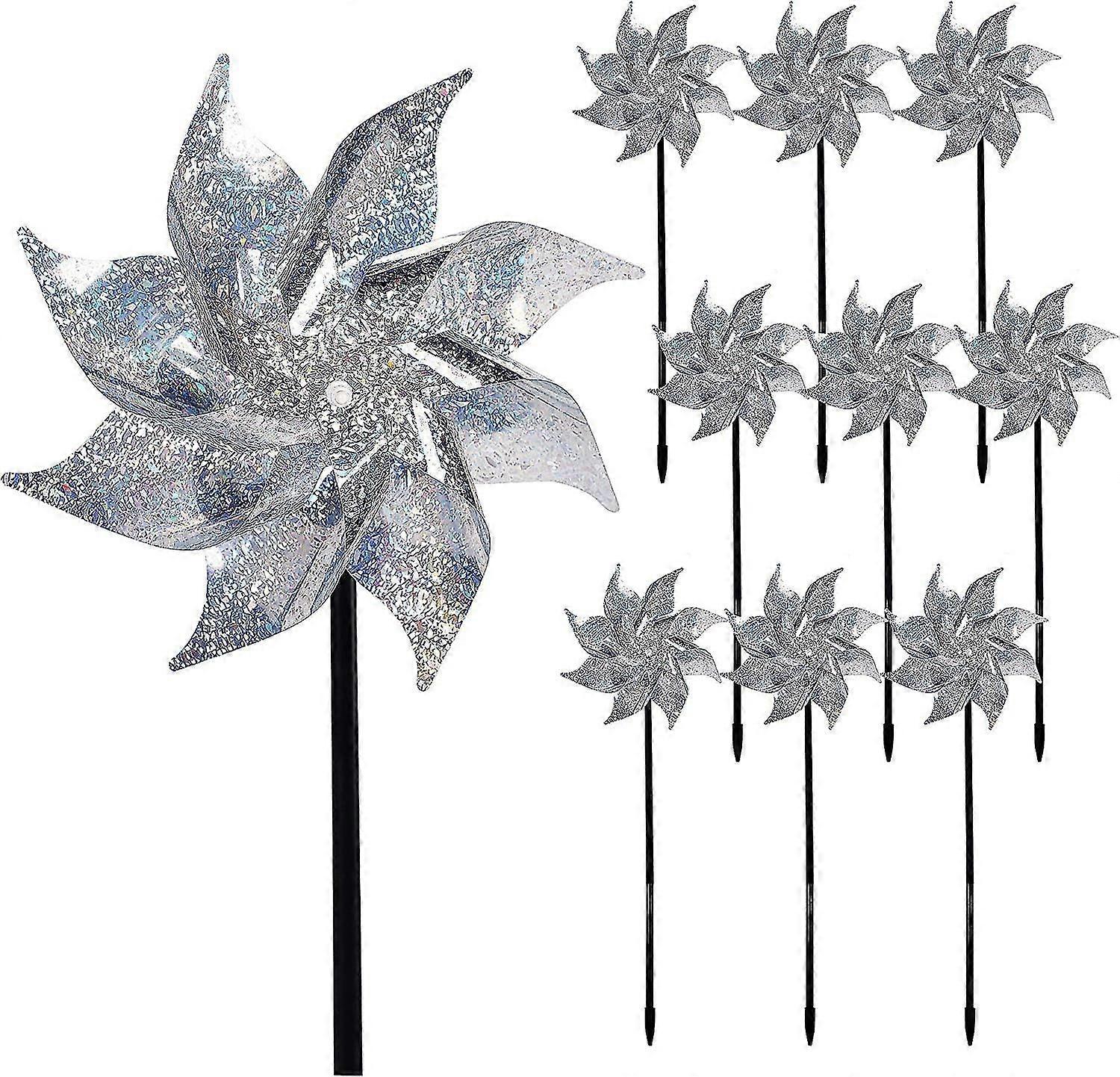 10 Pa Reflective Pinwheels With Stakes, Extra Sparkly Pin Wheel For Garden Decor, Bird Devices Deterrent To Scare Birds Away From Yard Patio Farm,7476