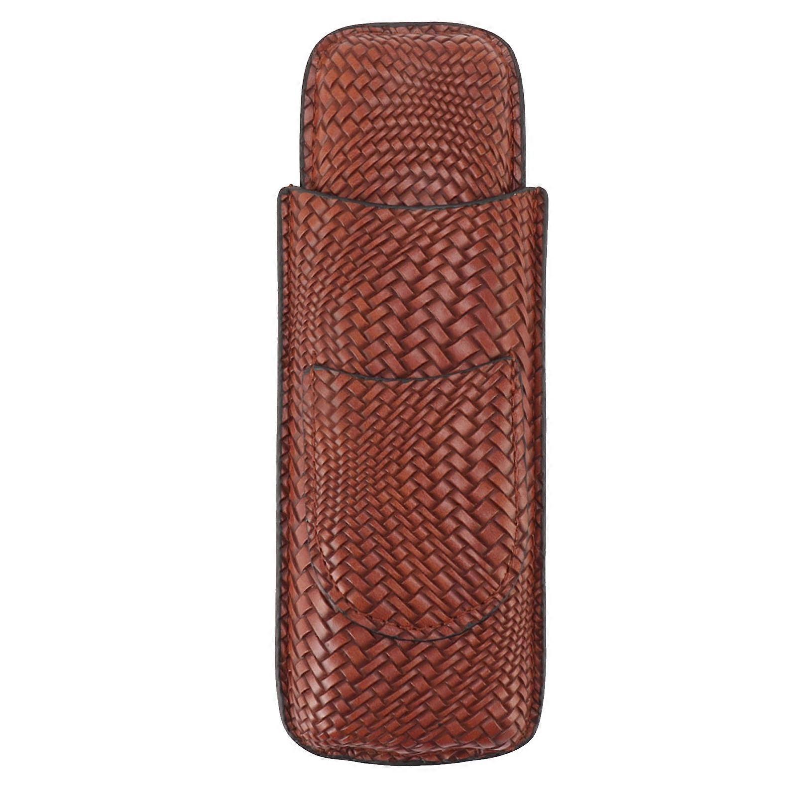 Vintage Style Leather Cigar Case, Portable 2 Holder with Woven Pattern