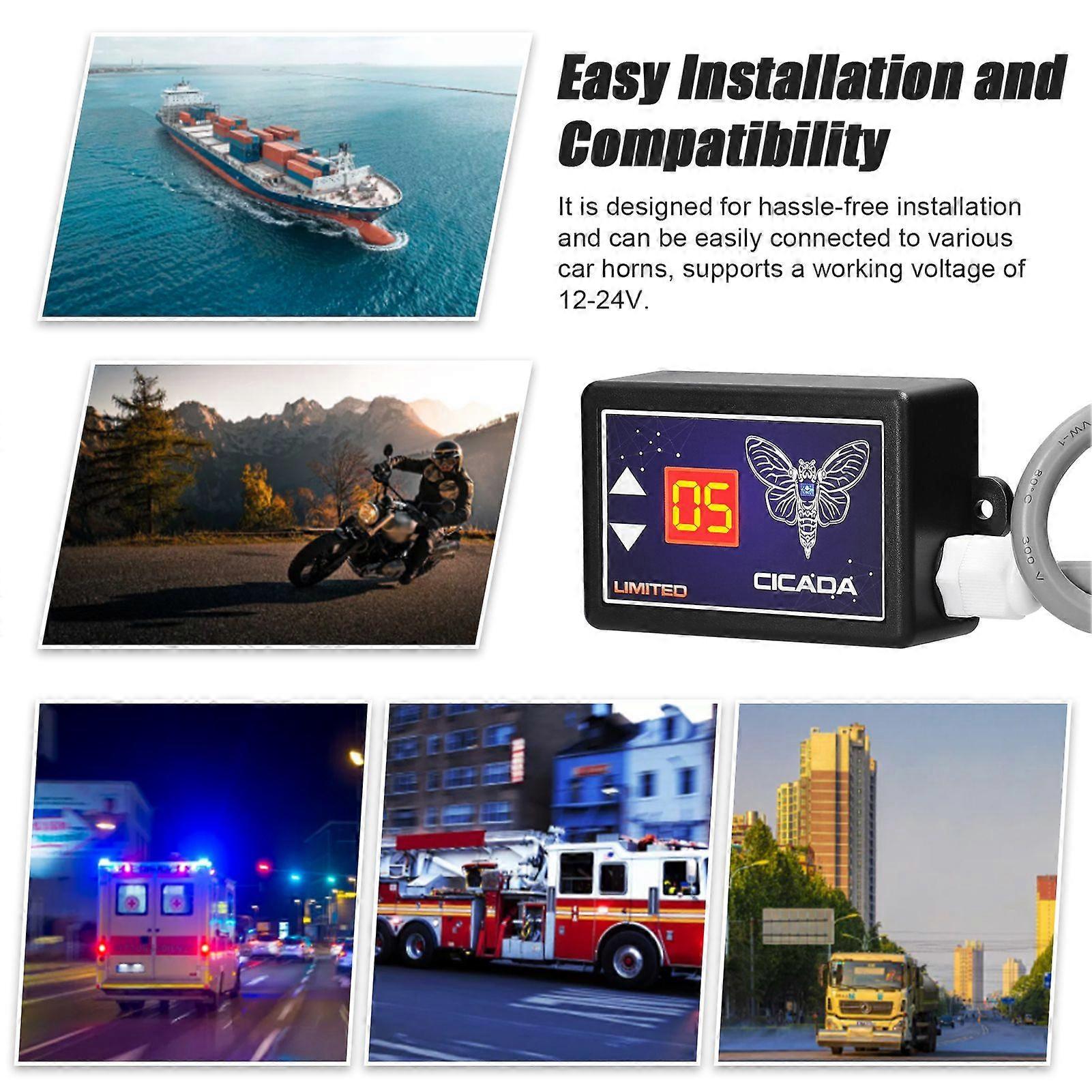 15~Tone Car Horn Controller Electric Horn Speaker Sound Control Unit with Digital Display & Pair of Double Tone Horns 12~24V for Car Truck Marine Boat