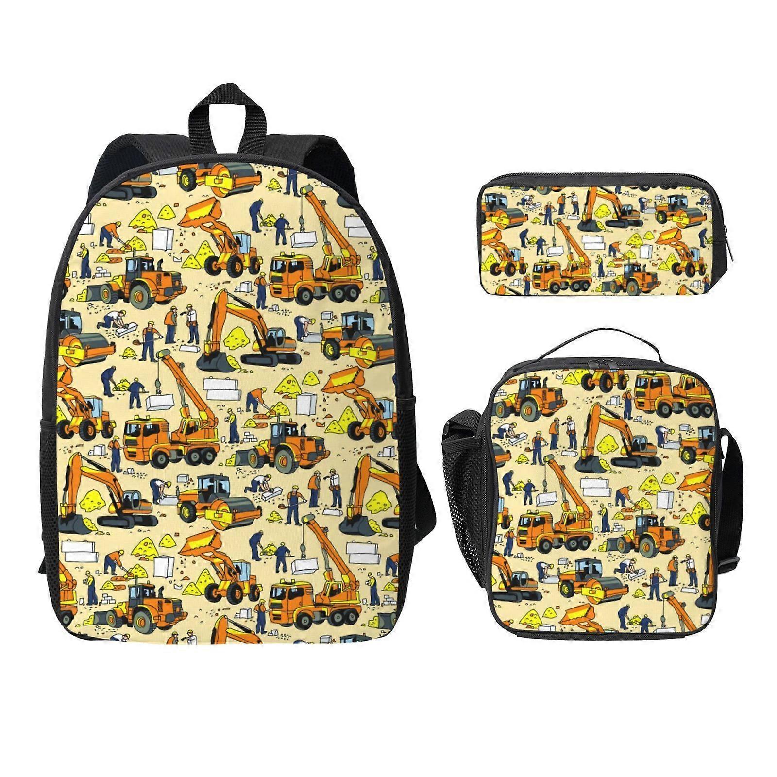 Construction Trucks Pattern Backpack Lunch Bag Pencil Case 3 Pcs Set with Mesh Pocket 03