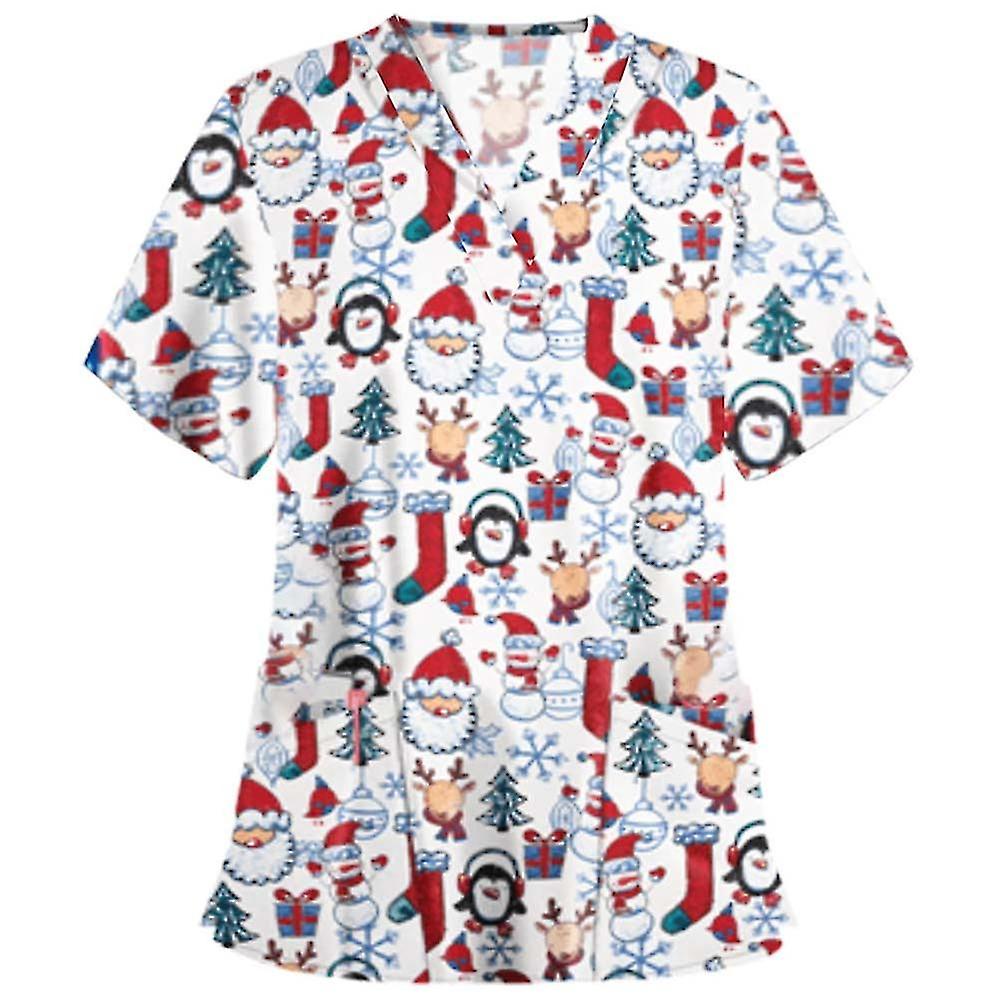 Christmas Women Nursing Uniform Scrub Short Sleeve T-shirt Xmas