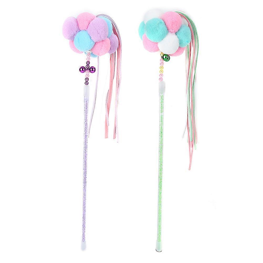 2PCS Plastic Cat Teaser Rods with Colorful Tassels, Bell, and Plush Ball for Interactive Playtime Fun