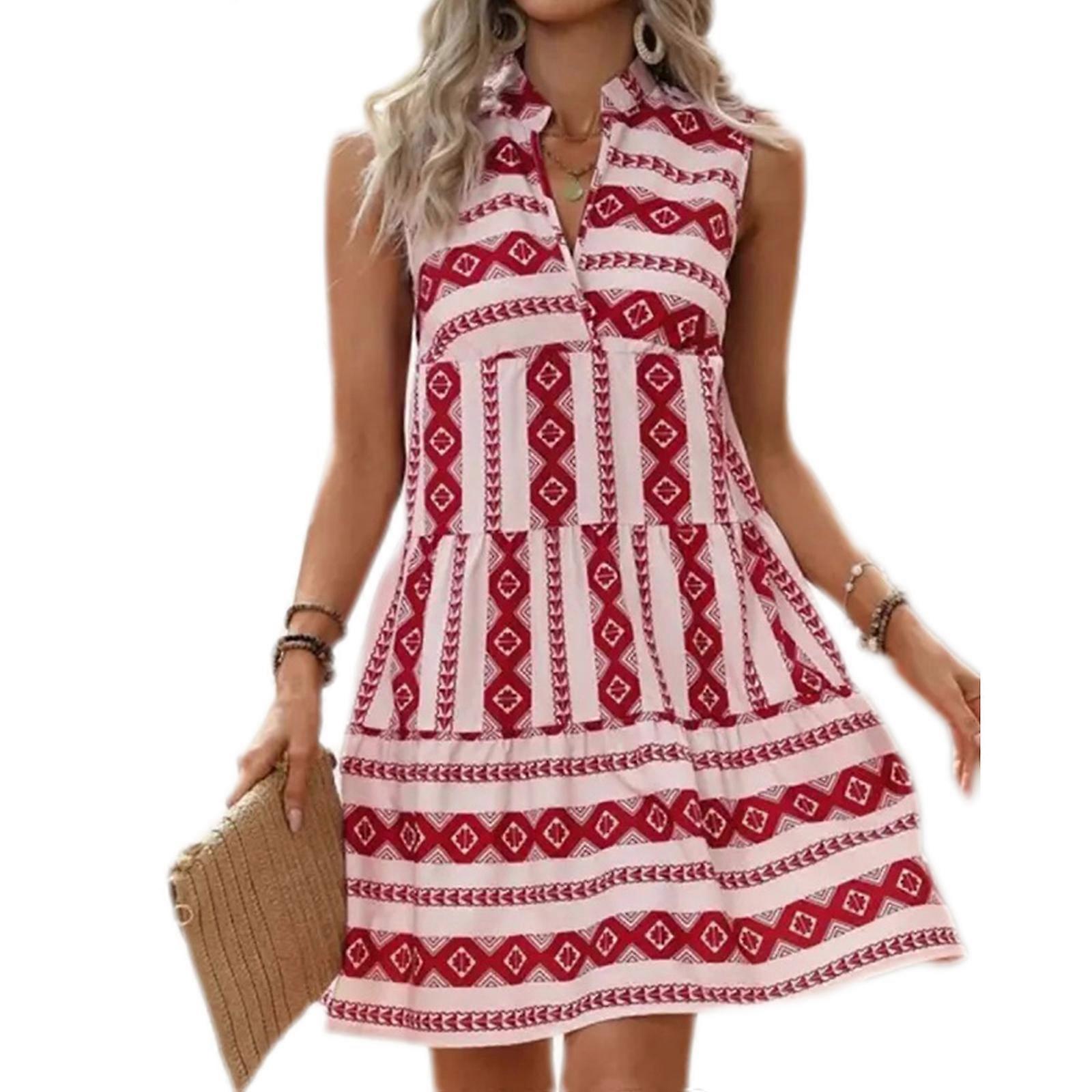 Γυναίκες Καλοκαίρι Casual Αμάνικο Midi Printed Tank Vest Φορέματα Αμάνικο V-Neck Summer Sexy Dress Red XL