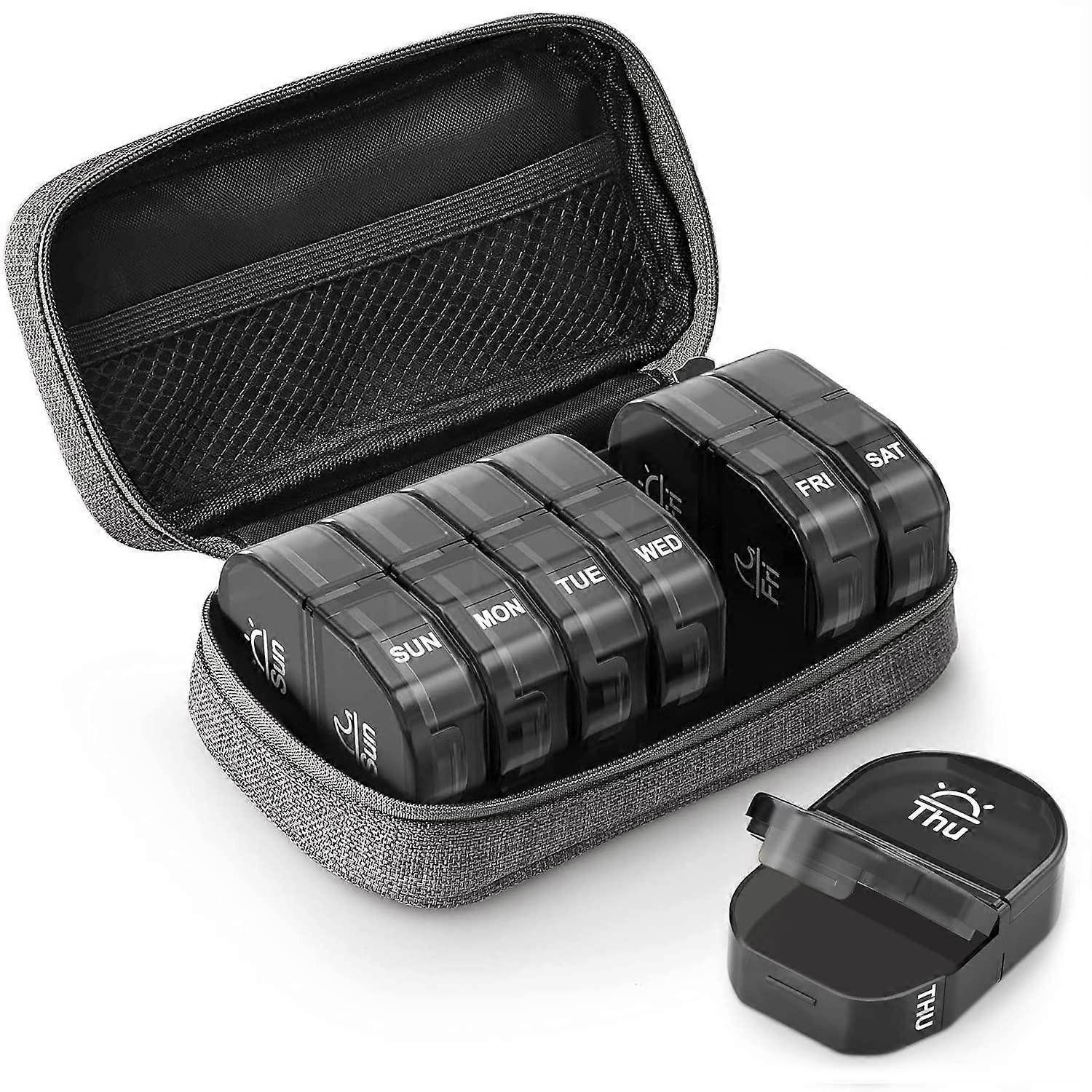 Canvas Bag Pill Box, Morning Evening, Medicine Box 7 Days 2 Compartments with Portable Fabric Bag with Zip (Grey)