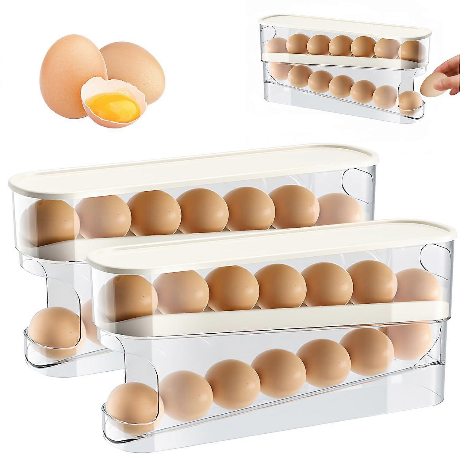Egg Holder for Fridge 2025 - Automatic Rolling Egg Dispenser, Space-Saving Container for Refrigerator With Lid, 2 Pack