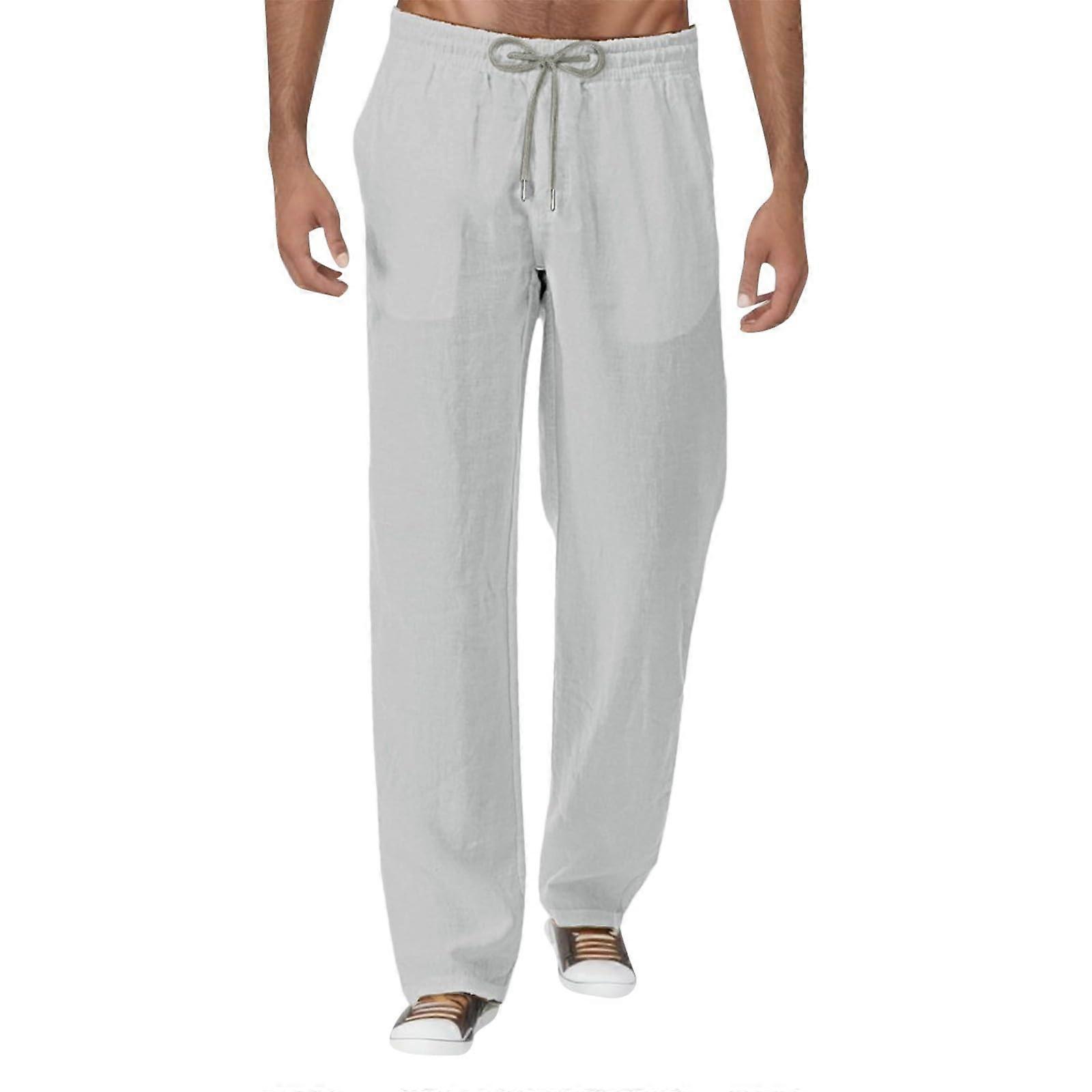 Linen Trousers for Men Gray M Lightweight Casual Summer Trousers Loose Fit Elastic Waist Drawstring Breathable Soft