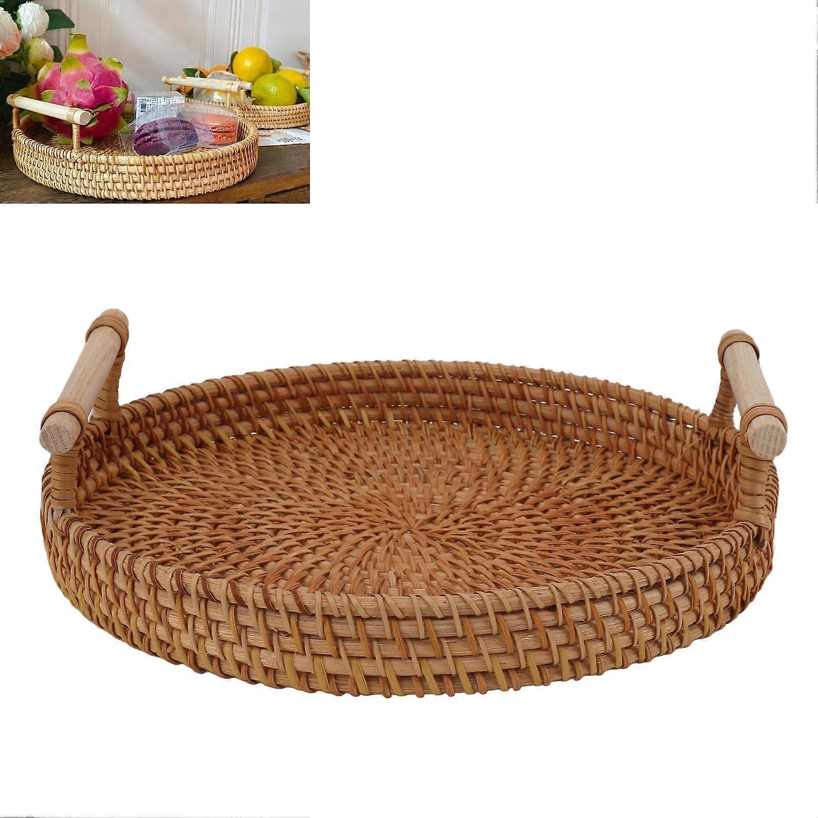 Rattan-Obsttablett mit Massivholzgriffen Exquisites handgeflochtenes rundes Serviertablett zur Aufbewahrung Display Brot Obst M 