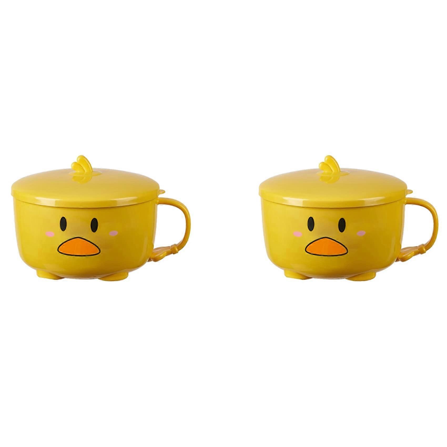 2 x Duck Ramen Noodle Bowl with Lid Cute Stainless Steel Kitchen Fruit Instant Soup Double Layer Bowl Tableware 2 Ref: 7904