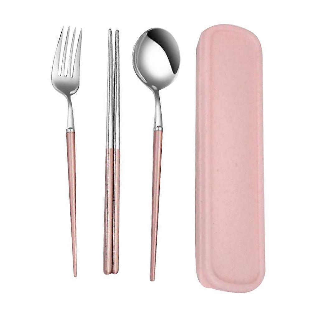 Portable Travel Utensils Stainless Steel Set Fork Spoon Chopsticks Pink For Camping Car Use 3Pcs