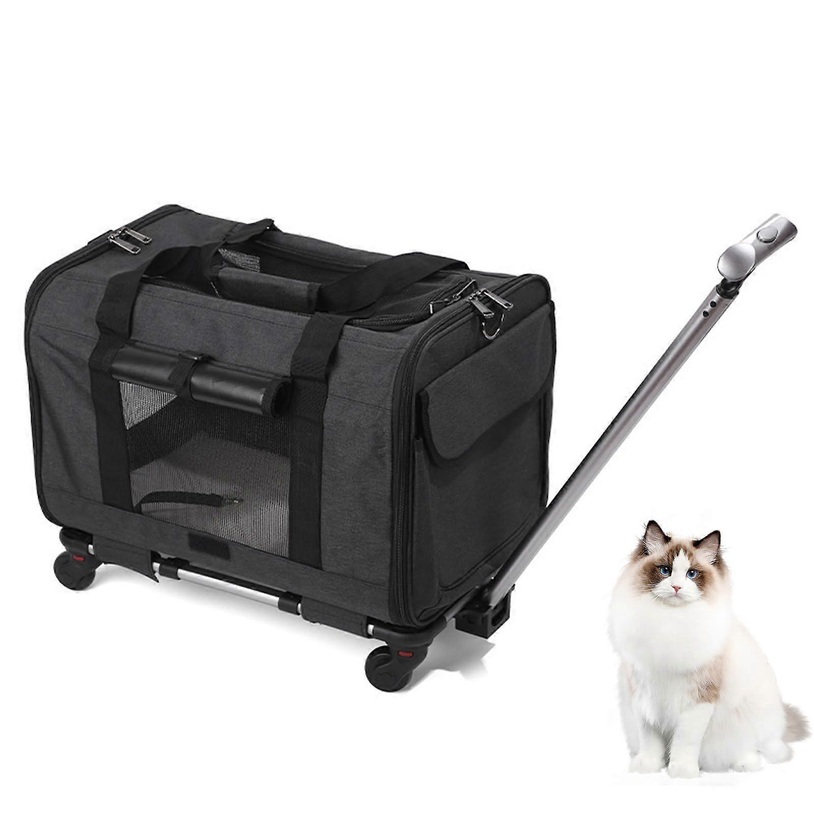 Foldable Pet Carrier Transport Box with Trolley for Small, Medium Dogs and Cats (Black)