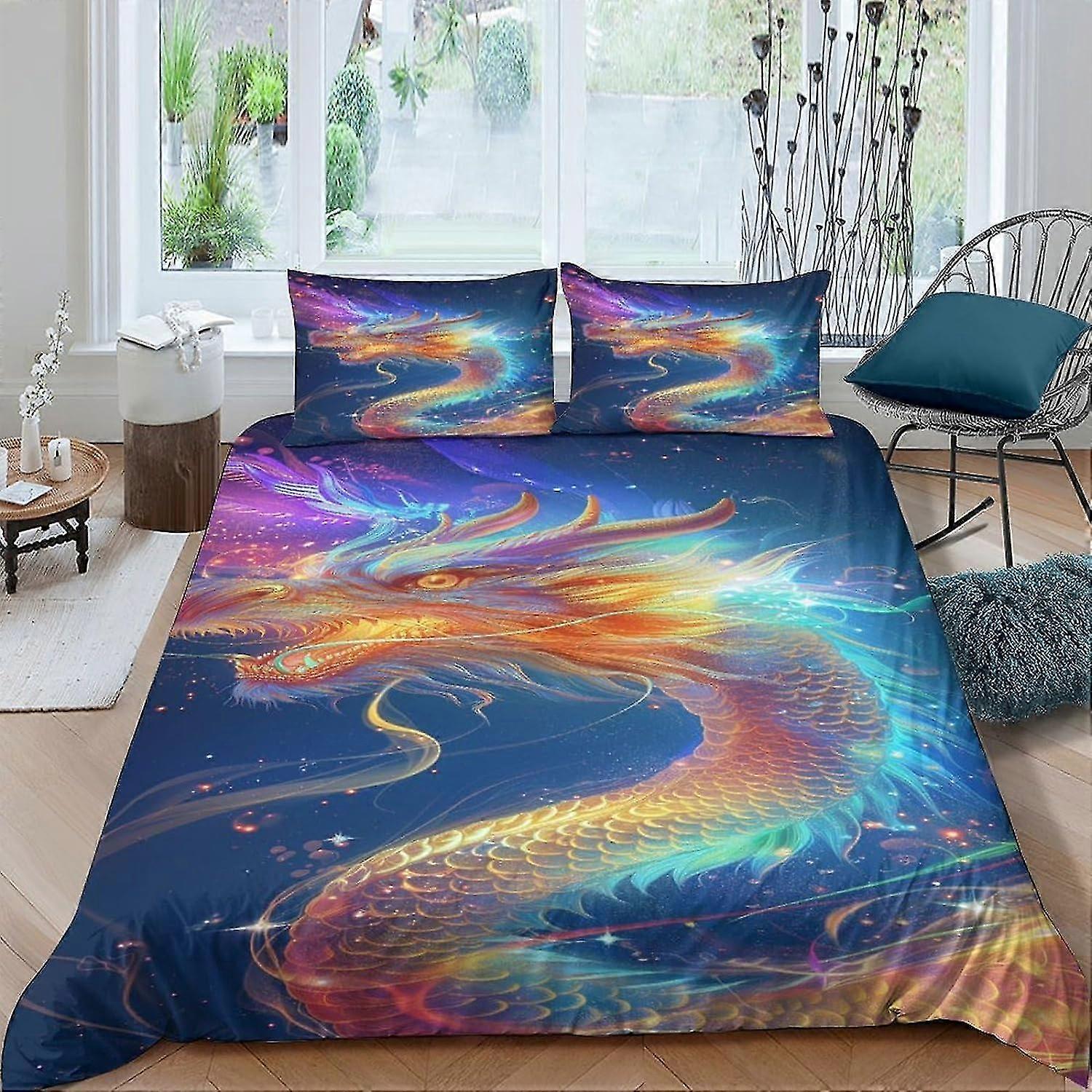 Conjunto de capa de edredom de dragão impresso em 3D com 2 fronhas - Conjunto de cama de microfibra de fácil cuidado, design de desenho animado