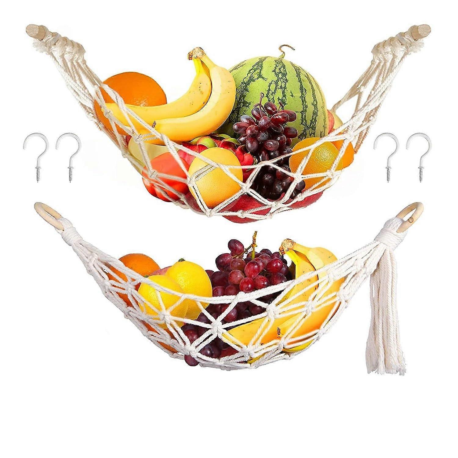 Hanging fruit hammock, macrame fruit hanging basket, fruit hammock for kitchen, under cabinet, banana fruit hammock, reusable, easy to use, 2 pieces.