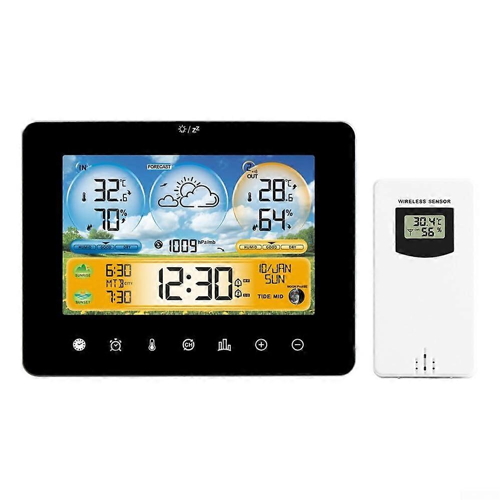 Advanced touchscreen weather clock with humidity and temperature measurement, daylight tracking features for an enhanced living experience