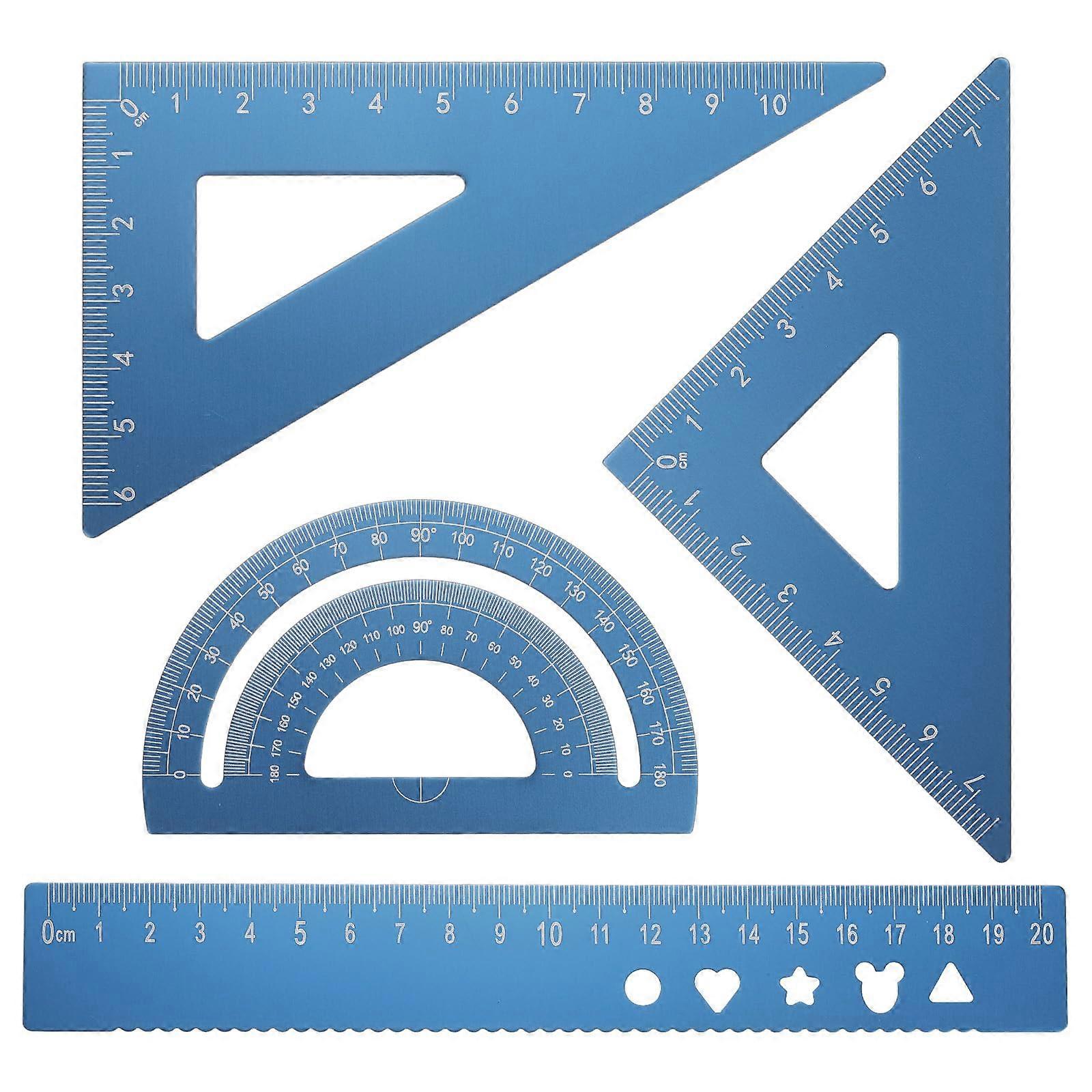4 Piece Triangle Ruler Set 20mm Aluminium Geometric Angle Measuring Tools Drawing Scale Kit Blue for Office Home Use