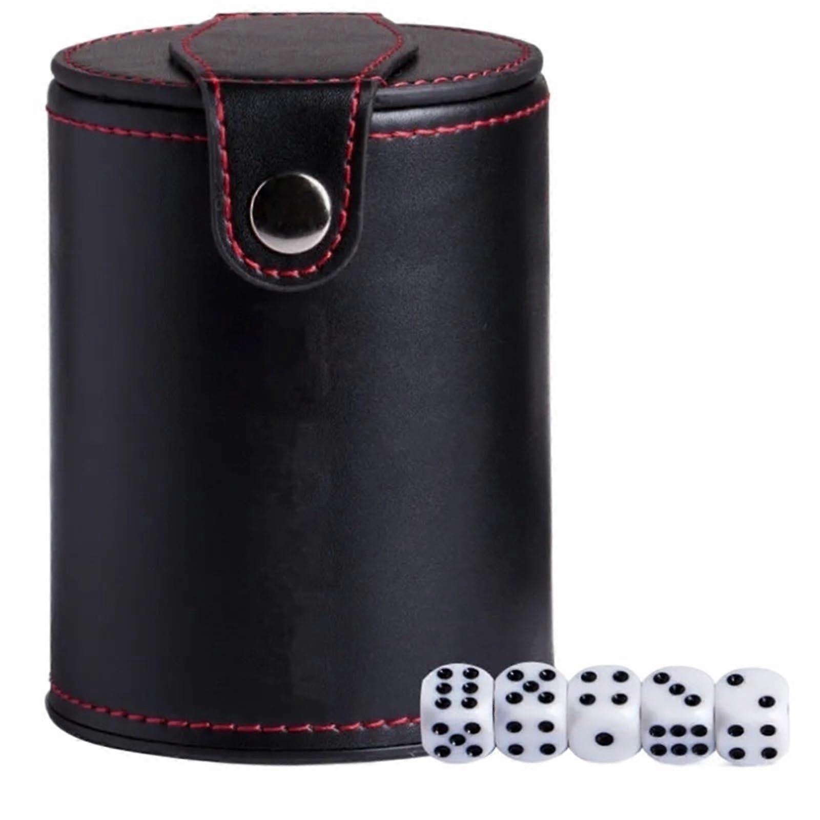 Double Layer Dice Cup 80 x 105 mm Black PU Leather with 5 Dice Red Flannel Bar Game Accessories for Dice Games