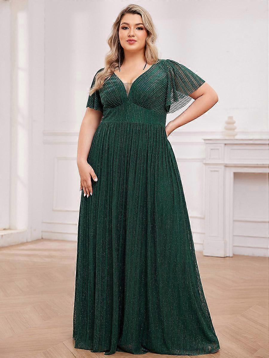 Ever-Pretty Women's Plus Size See-Through Deep V-Neck Short Ruffles Sleeves Glittery Evening Dresses