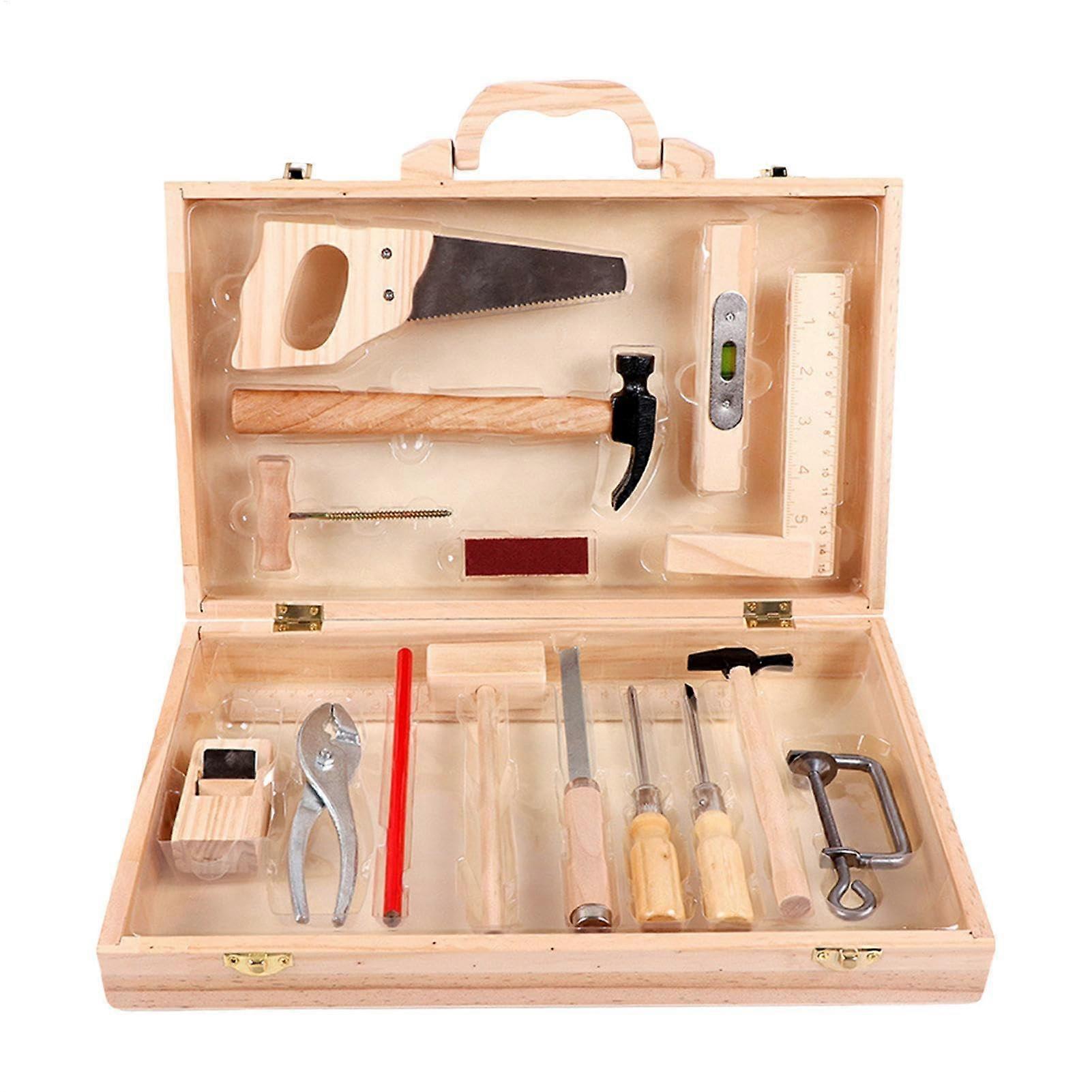 Tool set, wood tool set wooden workbench with toolbox, simulation play tool set