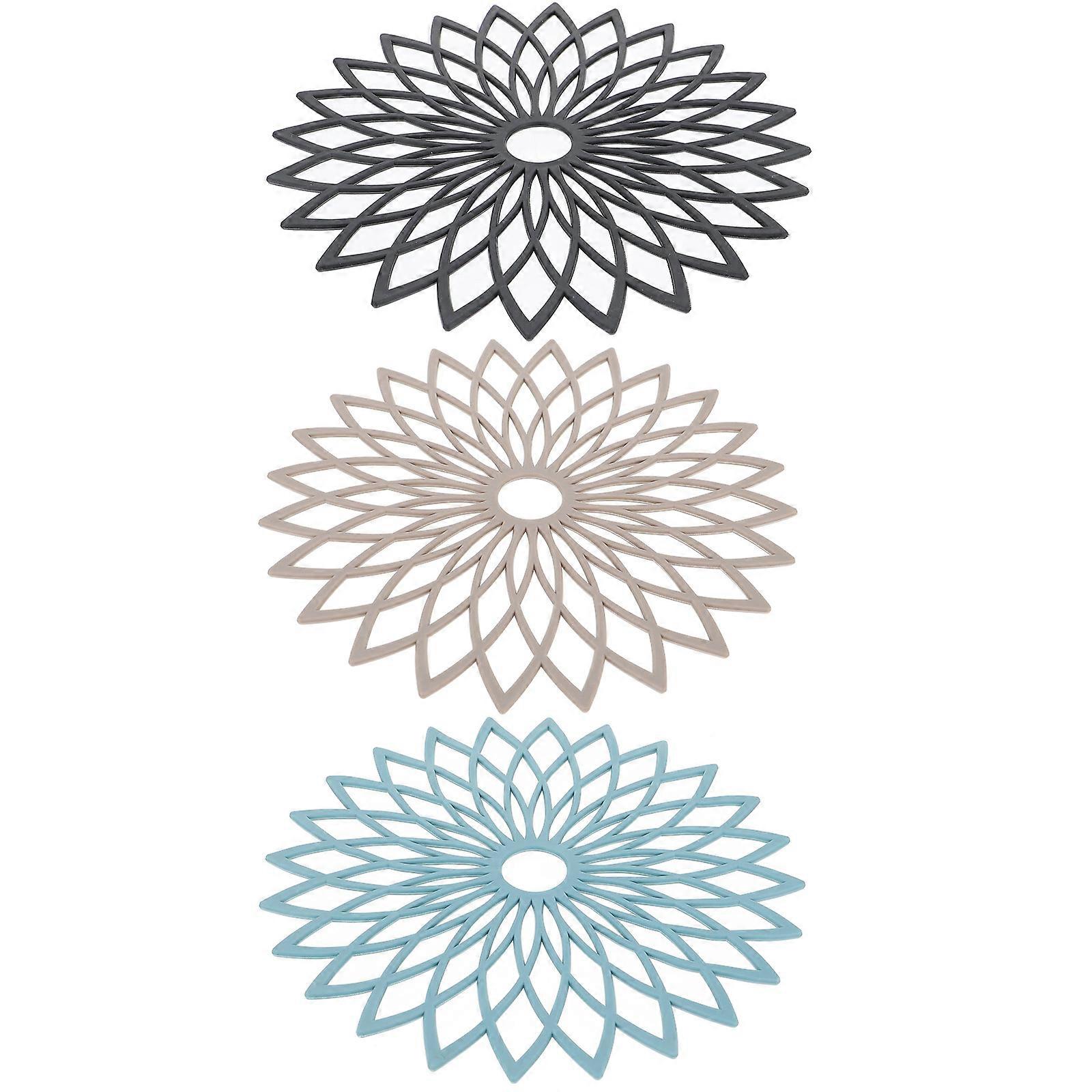 Here's a polished and professional product description for your item:
**3pcs Heat Resistant Silicone Flower Shaped Table Mats – Non Slip Pot