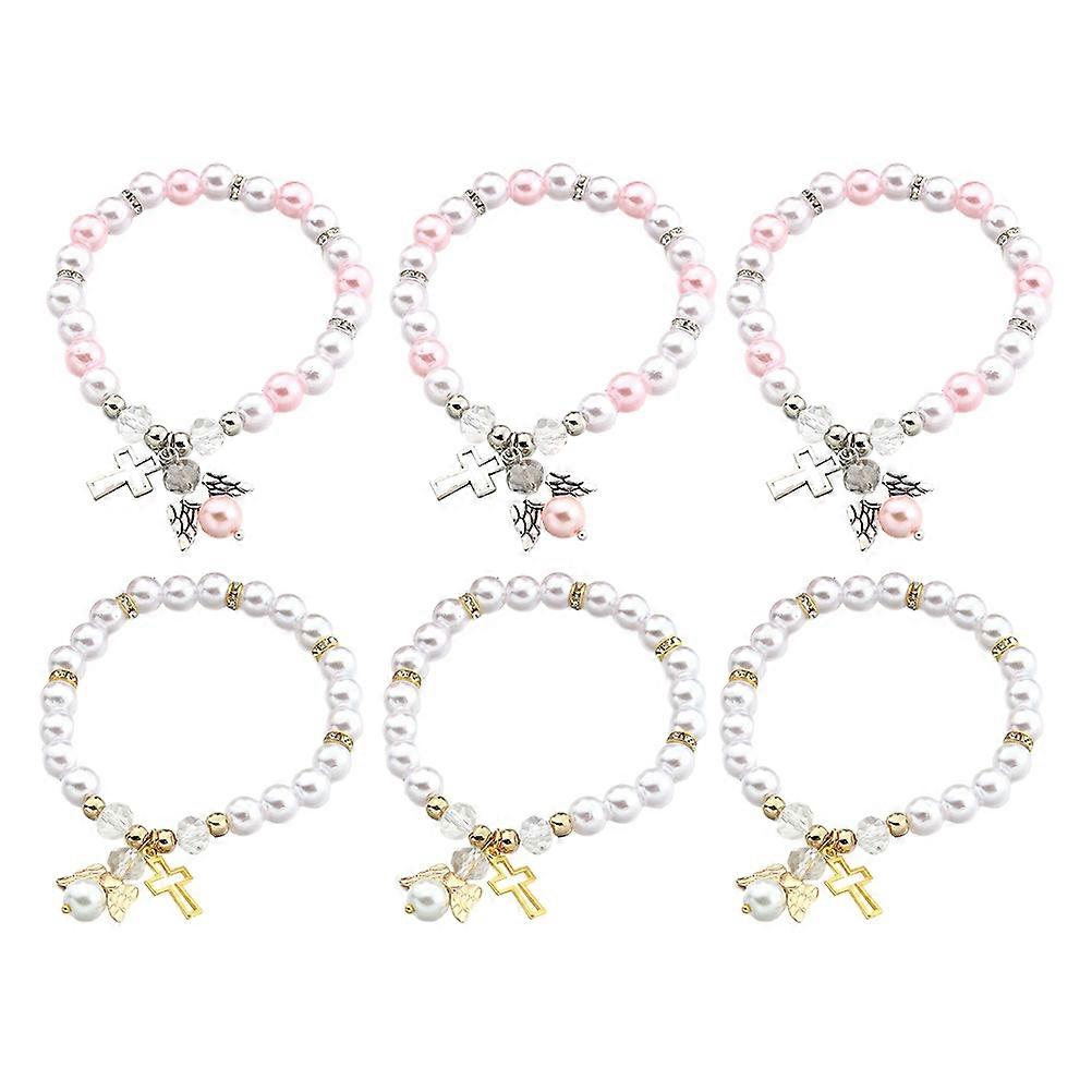 6pcs Acrylic Beaded Bracelets for Angel Wing Wrist Chain, Rosary Cross Design, Baptism Gift in White and Pink