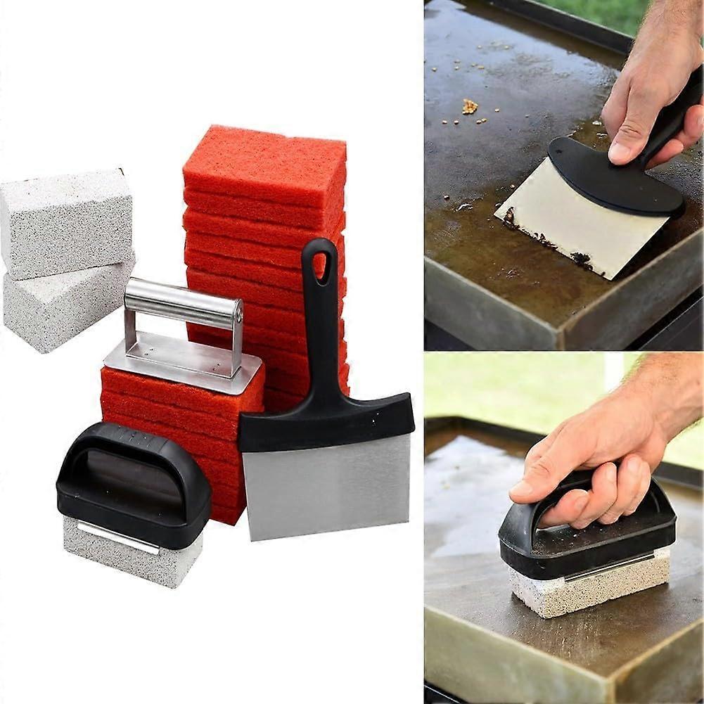 27Pcs Griddle Cleaning Kit, Stainless Steel Grill Pan Scraper Scrubber Scouring for PADS with Handle, Barbecue Cleaning Tool Accessories