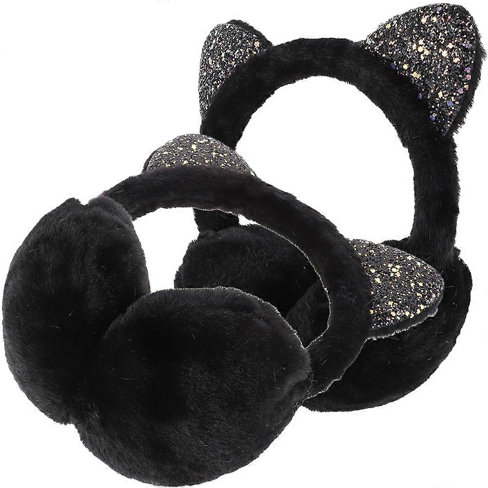 Ear Warmers Cat Ear Shape Camping Plush Black Windproof 2Pcs