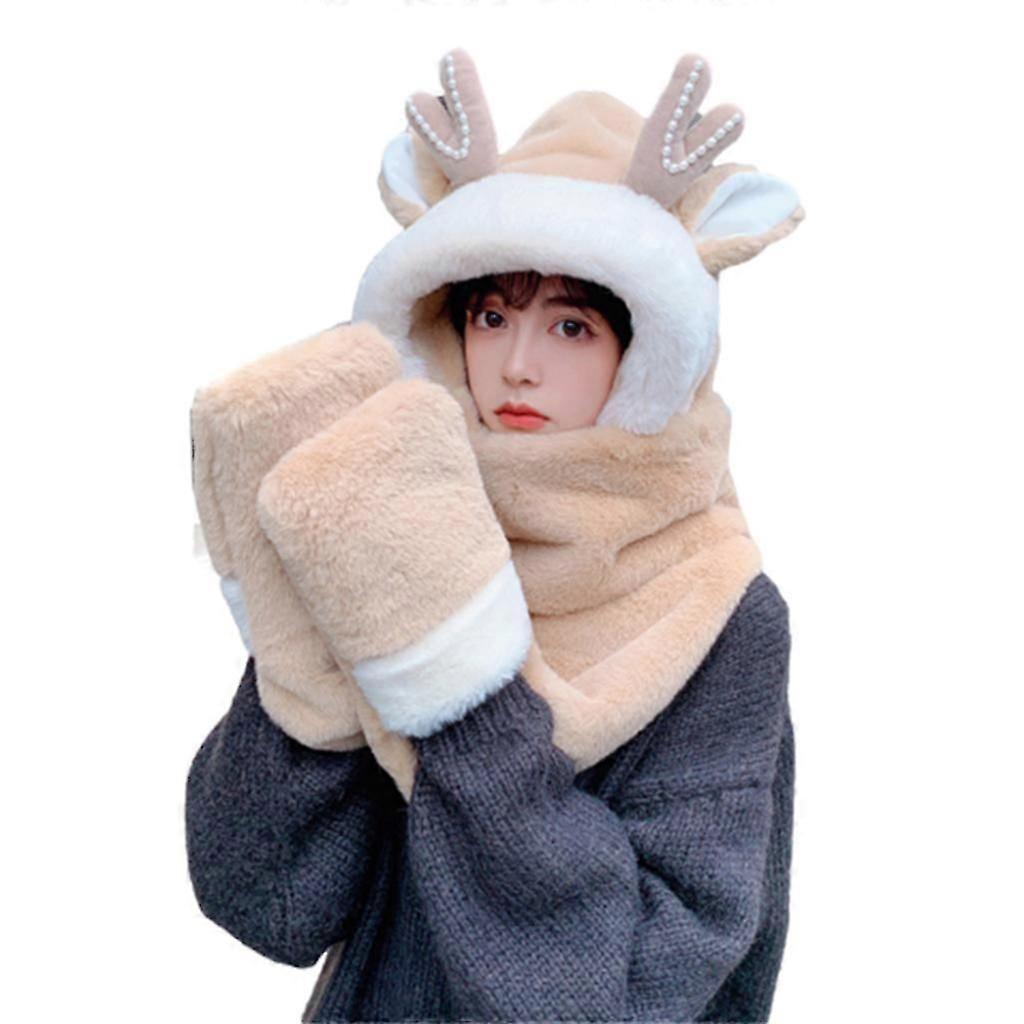 Reindeer Hat Windproof Cap Neck Protection Hat Winter Hat Scarf Gloves Set