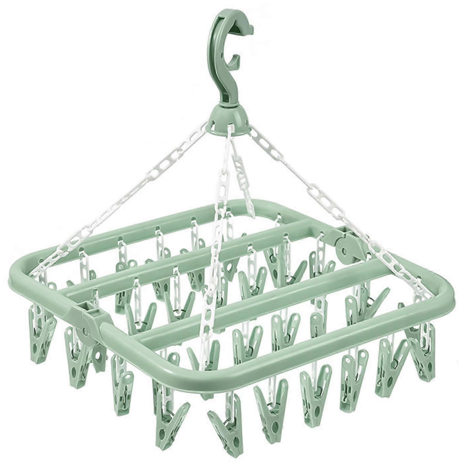Clothes Drying Hanger 32 Clips Foldable Design MultiFunctional Sock Dryer Rotary WindSock Hanger Washing Line Green