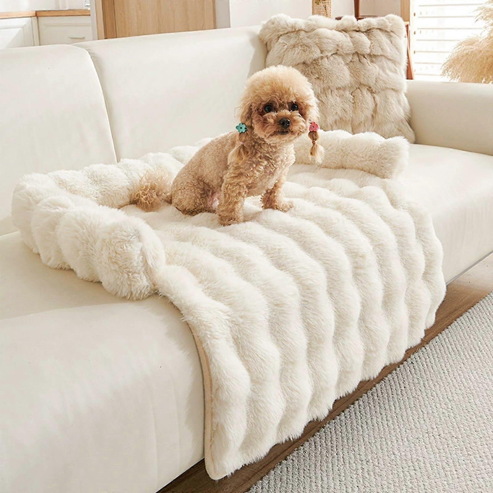 Dog Mat for Couch Calming Bed for Sofa, Waterproof Lining, Washable Fuzzy Pet Blanket, White Sofa Protector