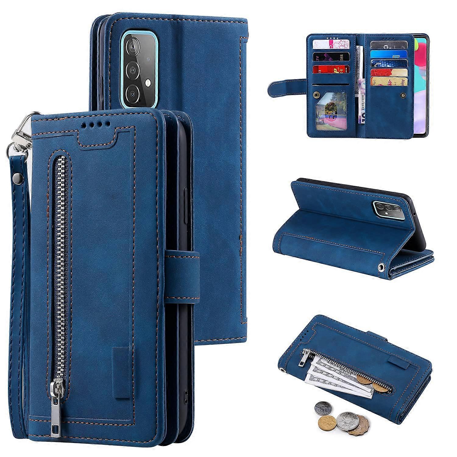 Wallet Phone Case for Samsung Galaxy A52 / A52S 5G, Retro Matte Leather Wallet with 9 Card Slots and Zipper Pocket, Magnetic Closure, Blue