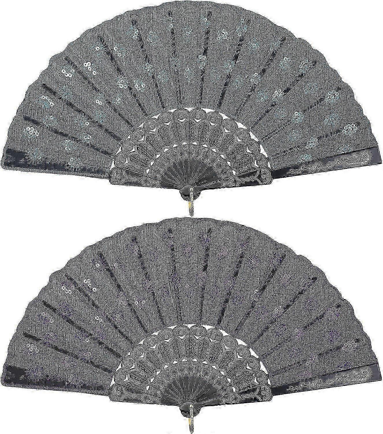 2 Pieces of Sequin Fabric Folding Fans Embroidered Flower Lace Trim Peacock Fan Fabric Plastic Folding Handheld Fan for Women Hand Craft