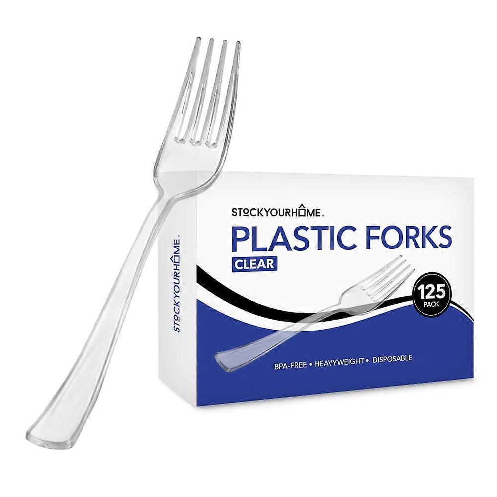 (125-Count) Plastic Forks, Disposable Silverware for Dinner, Heavy Duty Utensils, Heavyweight Party Flatware, Bulk Cutlery in Clear - Stock Your Home