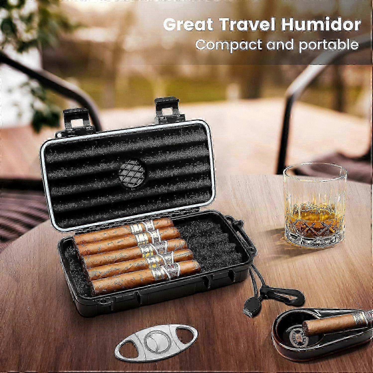 Waterproof Travel Humidor for Cigars - Airtight, Crushproof Case with Humidifier & Cutter | Holds 5 Cigars | Durable Storage Solution