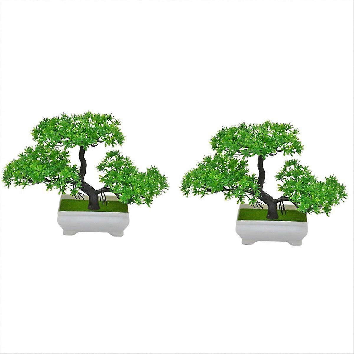 2Pcs Artificial Plant Bonsai Plastic Small Tree Pot Fake Plant Flower Potted Ornaments for Home Room Table,Green