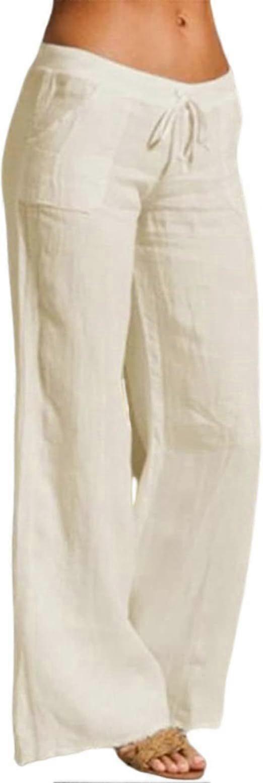 Women's Cotton Linen Wide Casual Elastic Waist Long Trousers