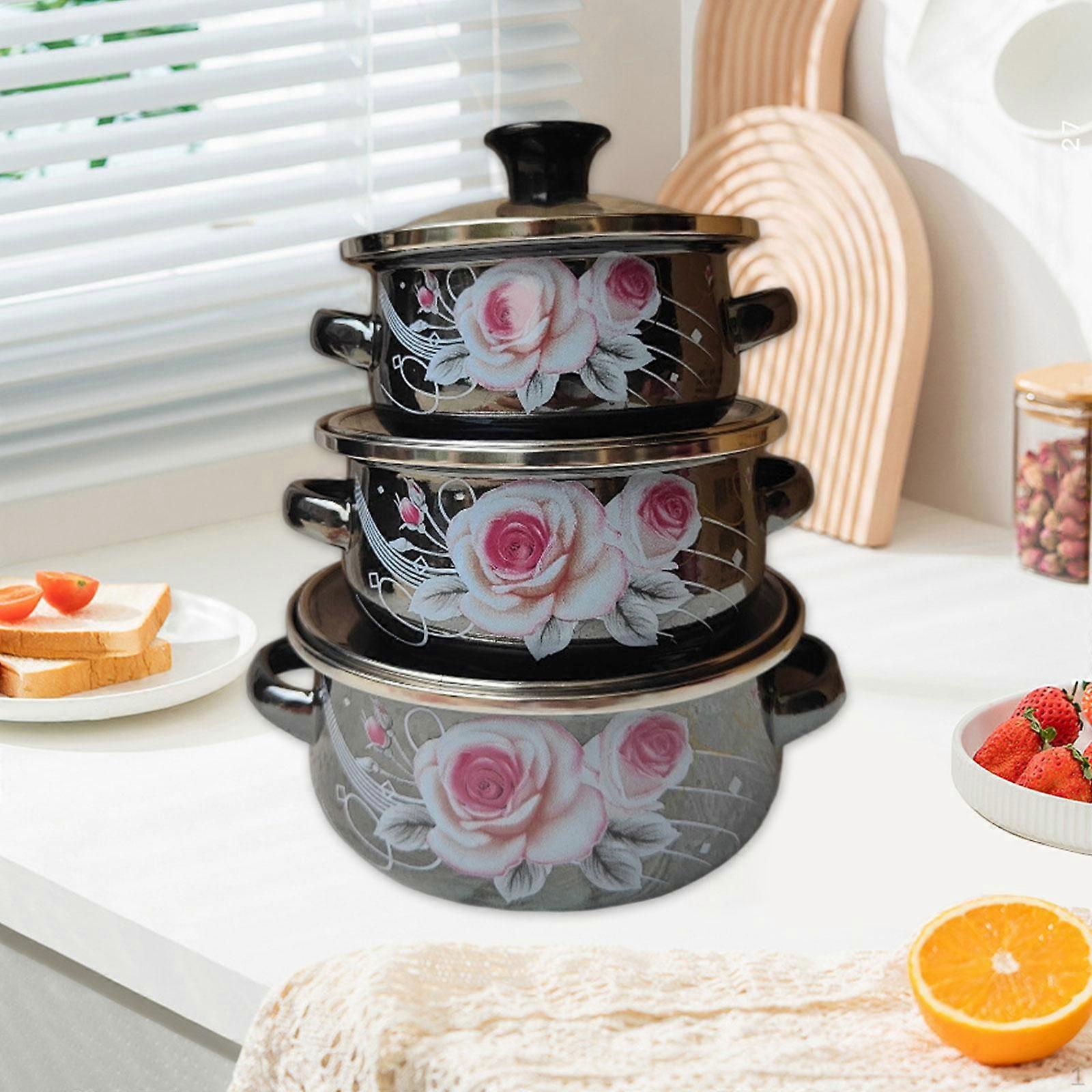 Set of 3 Enamel Stockpots with Lids and Handles for Cooking Soup at Home