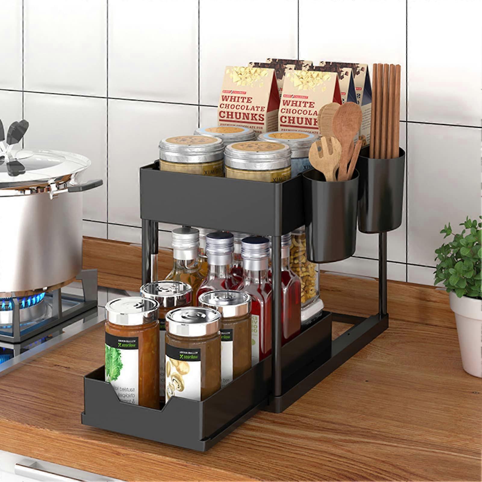 Multifunctional 2Tier Under Sink Organization 2Tier PullOut Storage Spice Rack With Hooks Hanging Cups Black