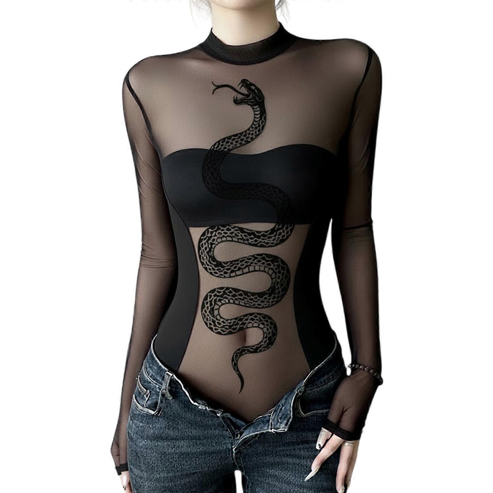 Women's Sheer Mesh Stretchy Bodysuit Snake Pattern Elastic See Through Jumpsuit Long Sleeve Mock Neck Top For Festivals  Black S