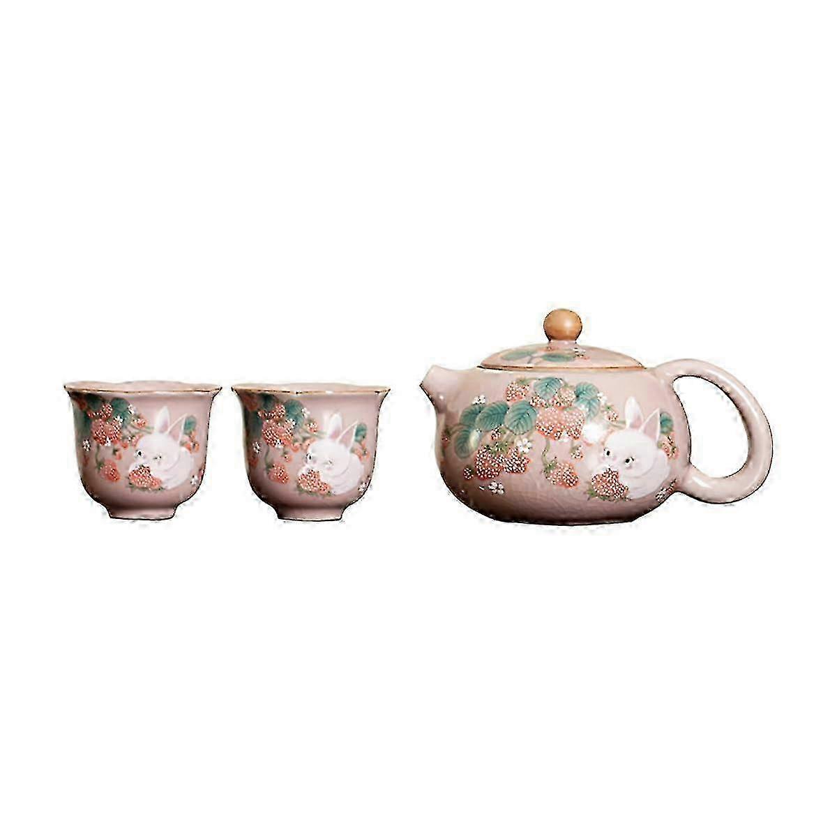 Pink Ceramic Strawberry and Rabbit Patterned Teapot Cup Set for Home 6 OZ w