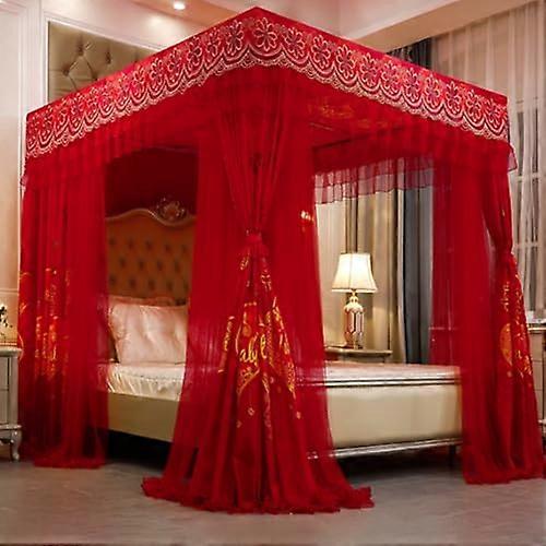 Princess Canopy Bed Curtains King Size Elegant Double Layer Lace Privacy Blackout Red 180x220cm