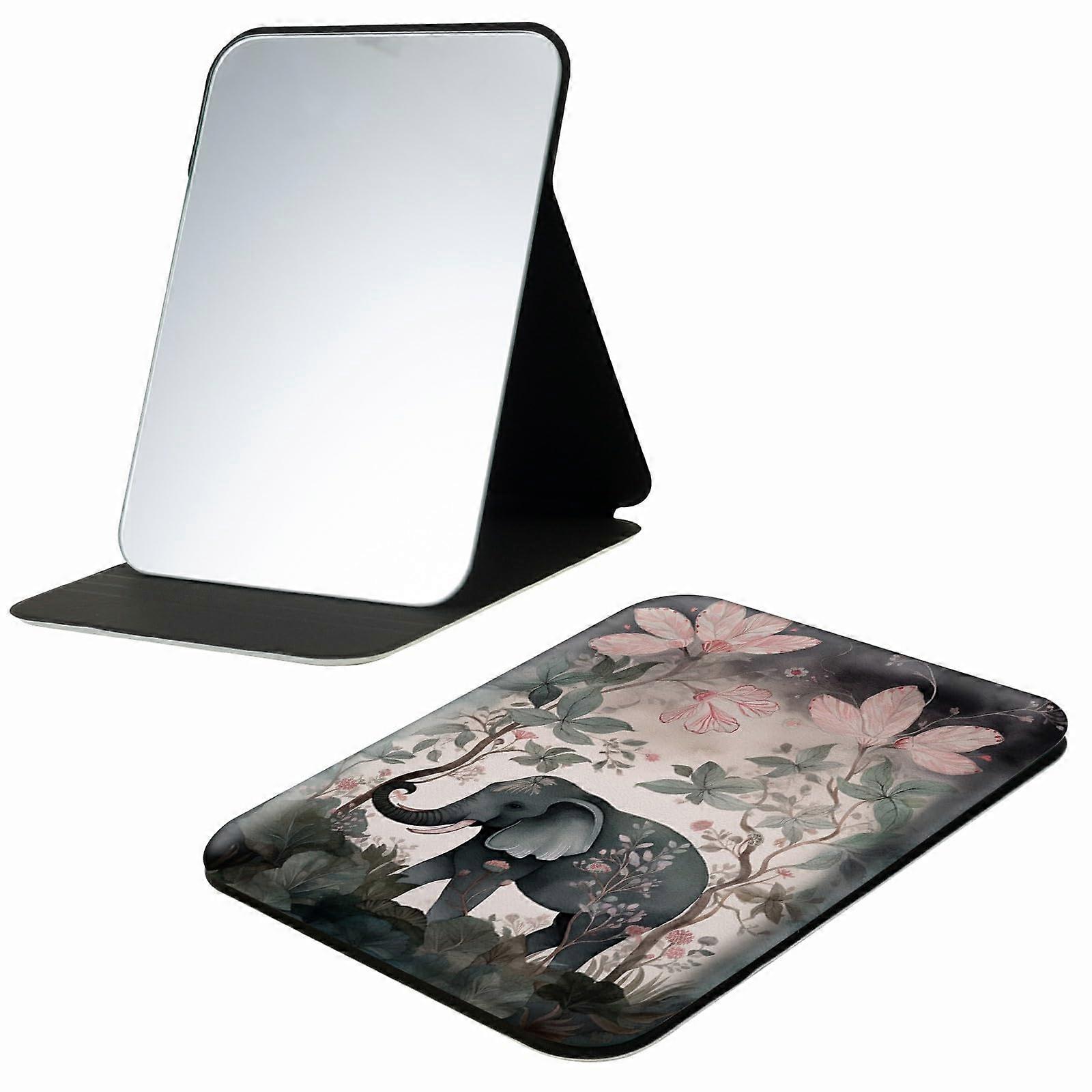 Portable Makeup Mirror with Adjustable Stand, PU Leather Folding Travel Mirror for Purse, Elephant