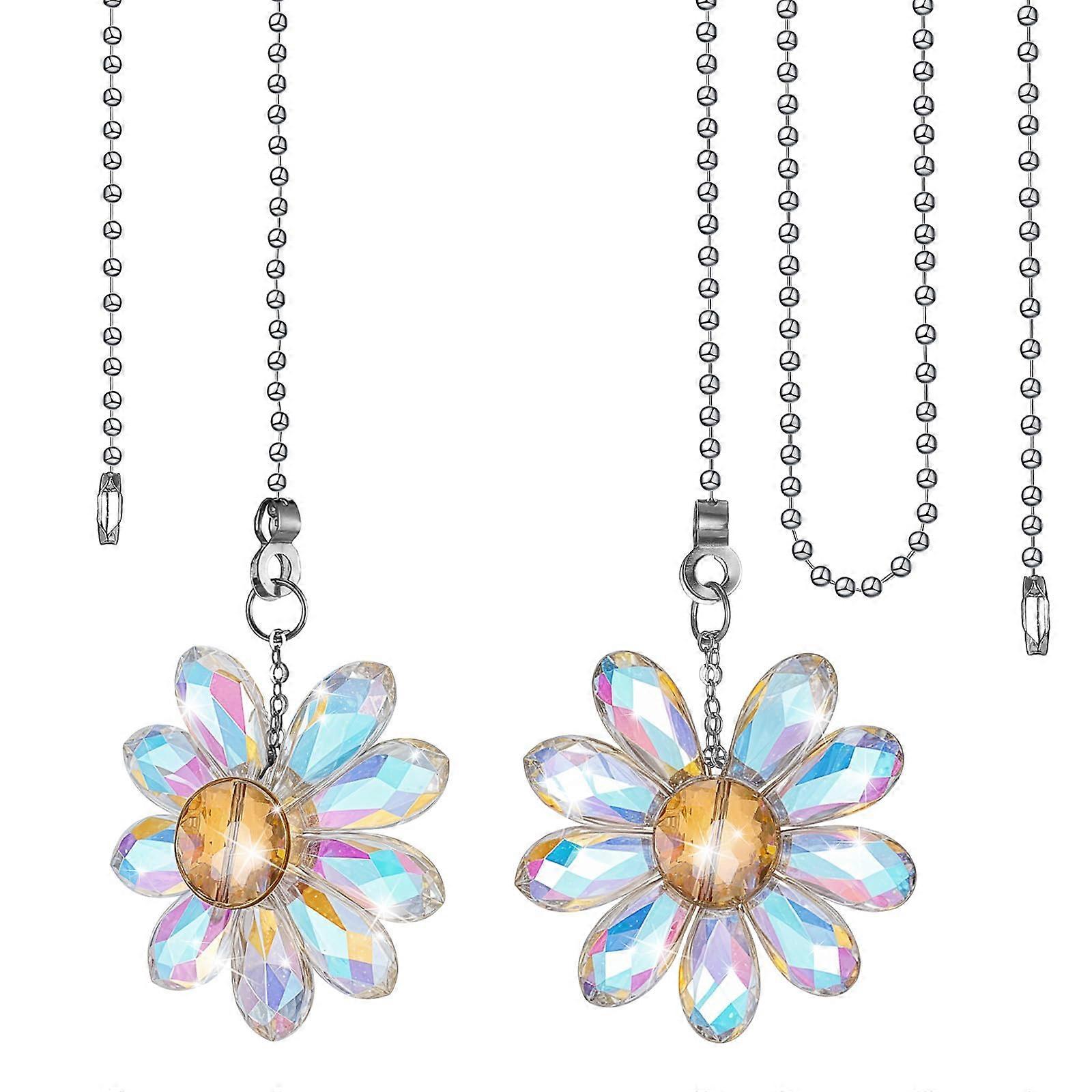 2pcs Elegant Crystal Flower Ceiling Fan Pull Chain Extenders with Connector, 24 Inch Replacement