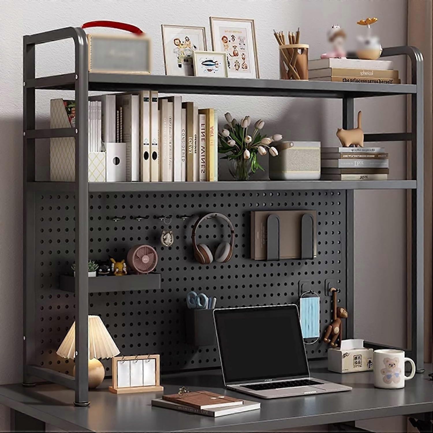 Adjustable Desk Organizer Shelf with Pegboard, 3 Tier Metal Desktop Storage Hutch for Home Office, Black 115x20x98cm
