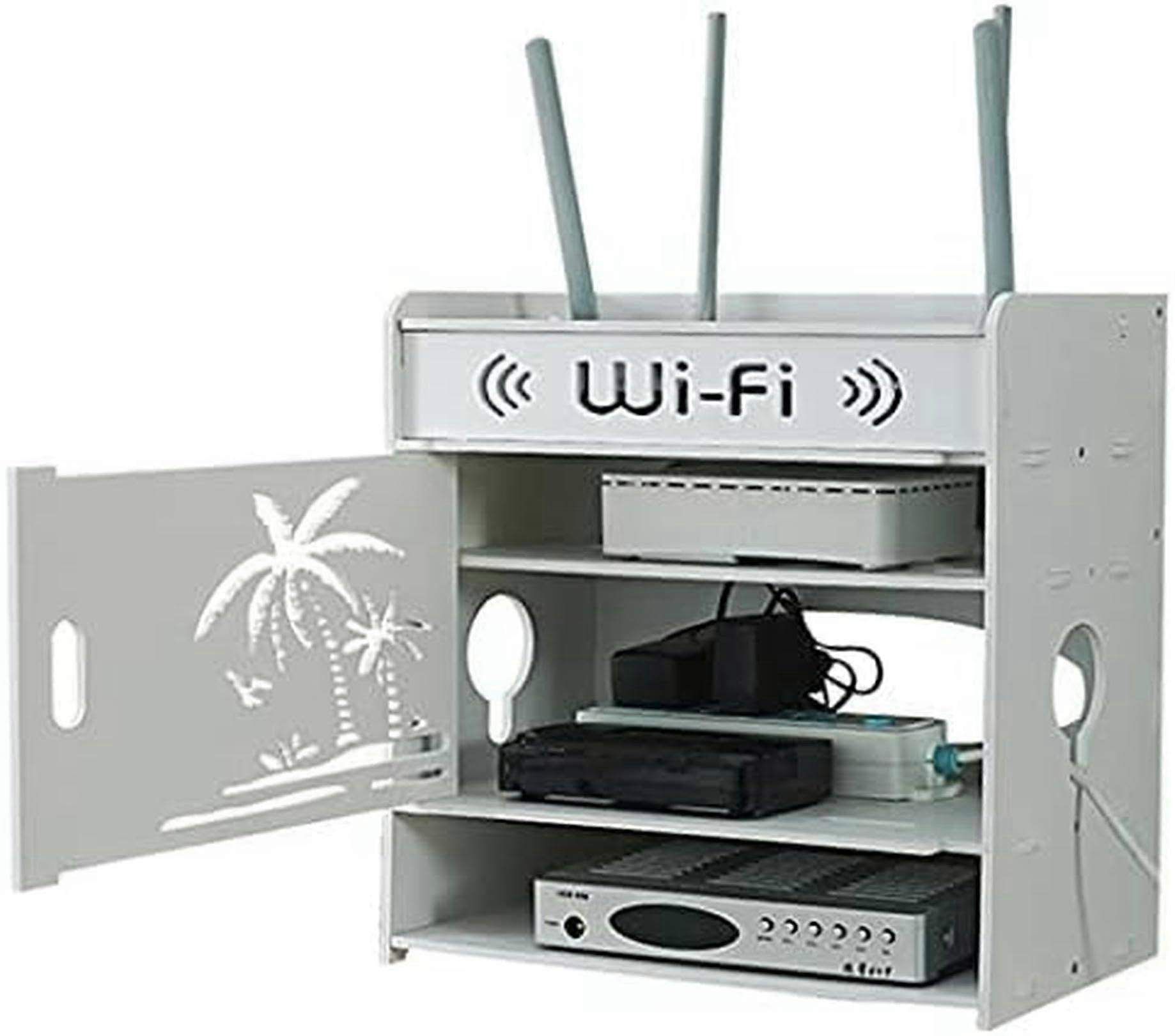 WiFi Router Wall Mount Shelf with Cable Management, Floating Wooden Storage Box for Home and Office