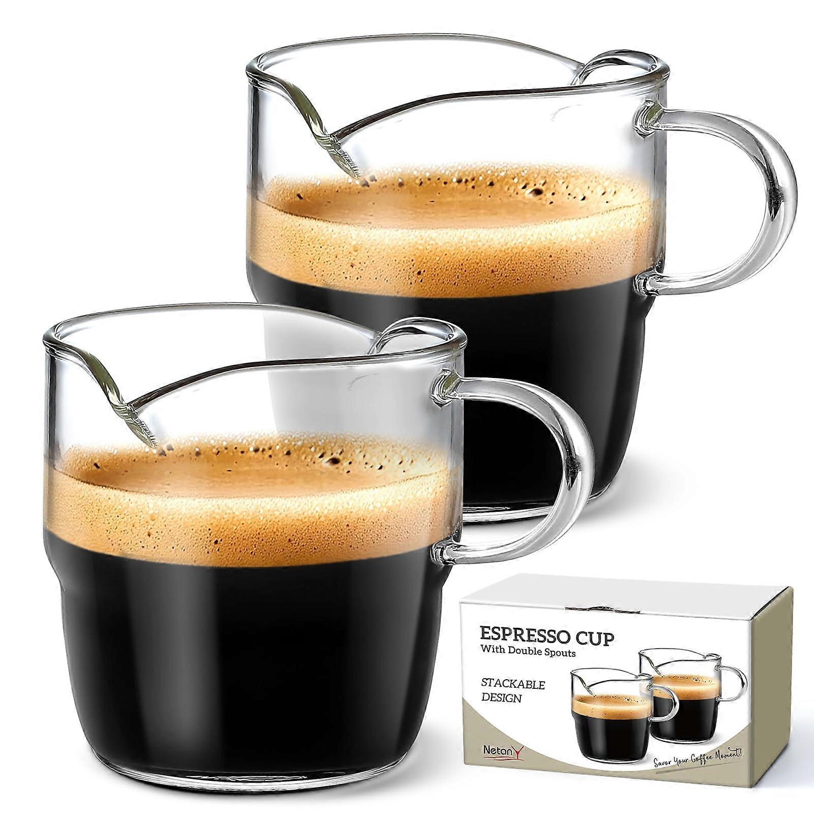 Espresso Cups Set of 2, 6oz Borosilicate Glass with Dual Spouts, Stackable Coffee Bar Mugs