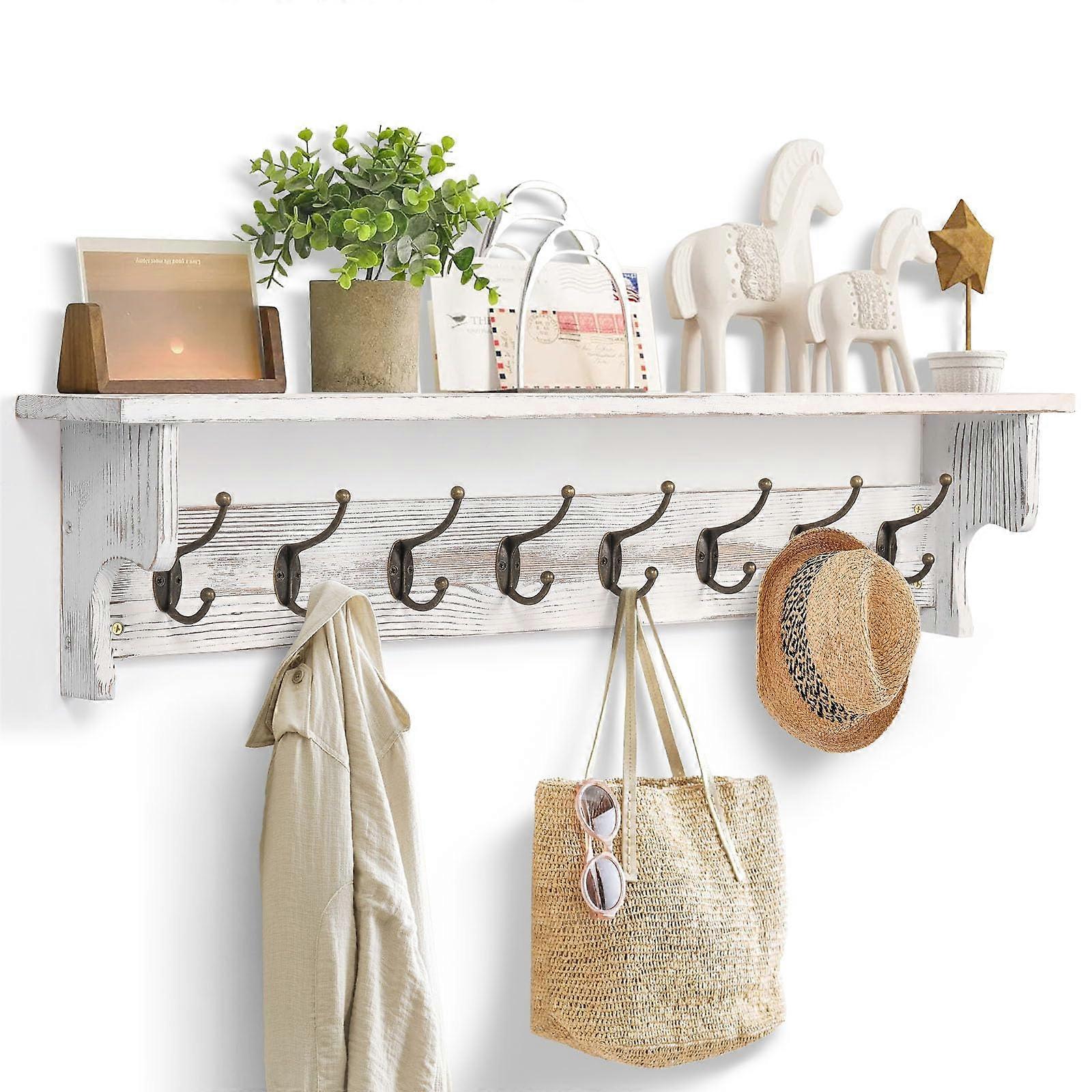 Rustic Wall Coat Rack with Shelf and Eight Hooks, Farmhouse Wooden Coat Rack for Entryway Hallway