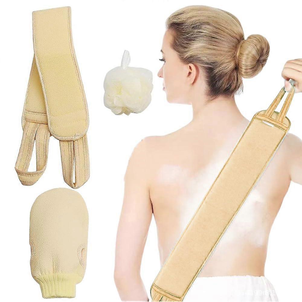 Extra Long Back Scrubber and DualSided Exfoliating Glove with Bath Loofah Sponge, 3pcs Set