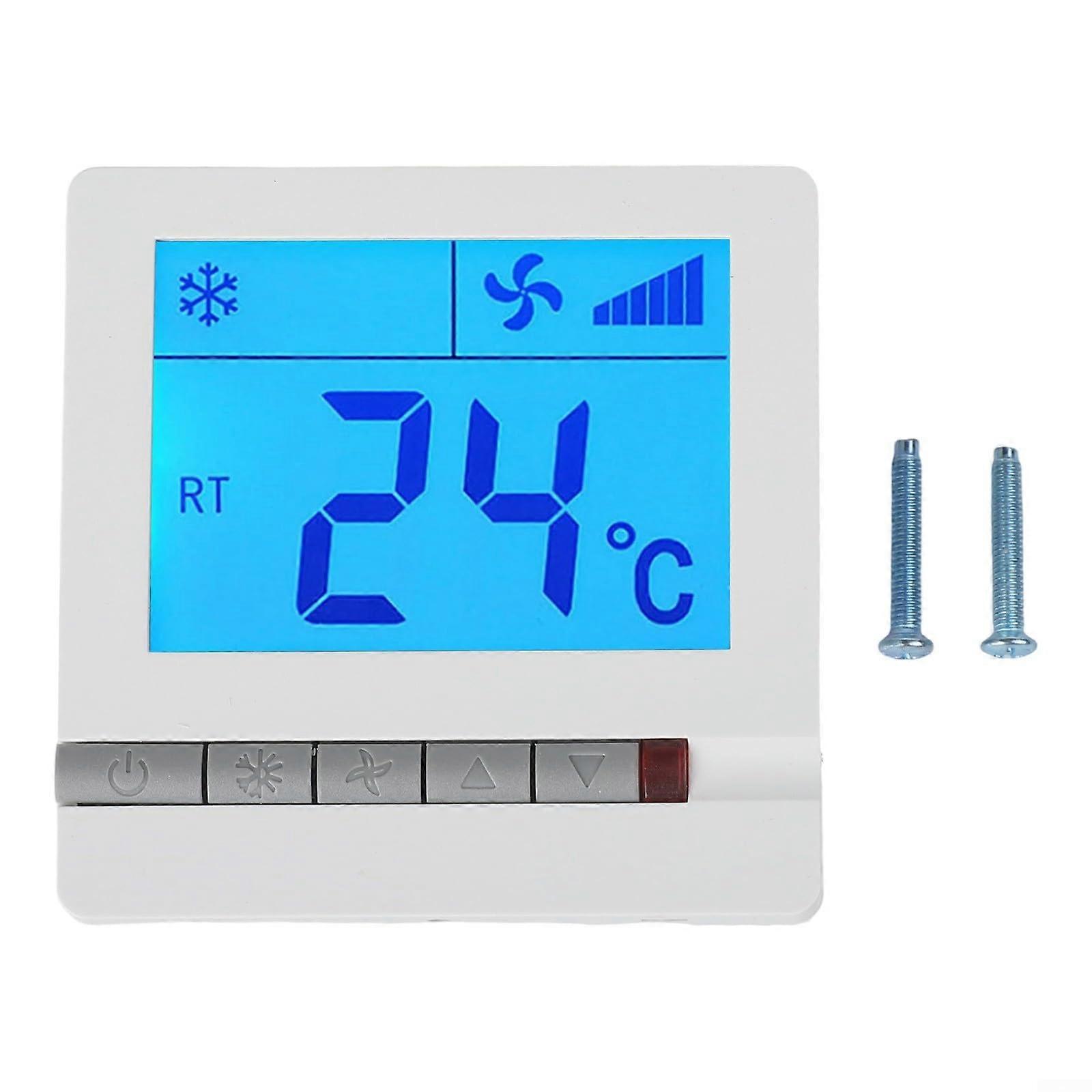 LCD Digital Thermostat with Large Blue LCD, Programmable Fan Coil Control for Central Air Conditioning, White