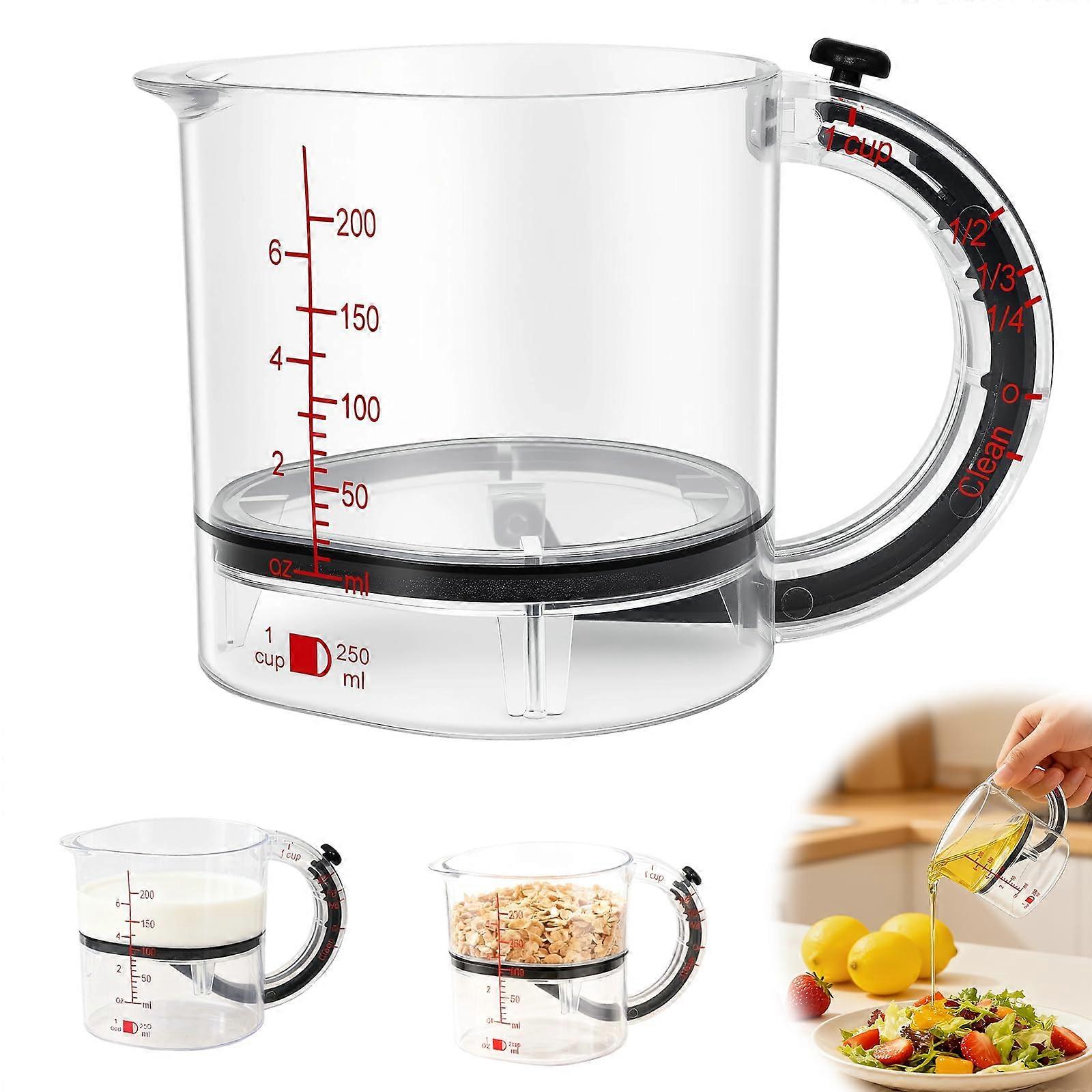 4in1 Adjustable Measuring Cup with Scraper Base, Dual ML and OZ Markings, SpaceSaving for Baking