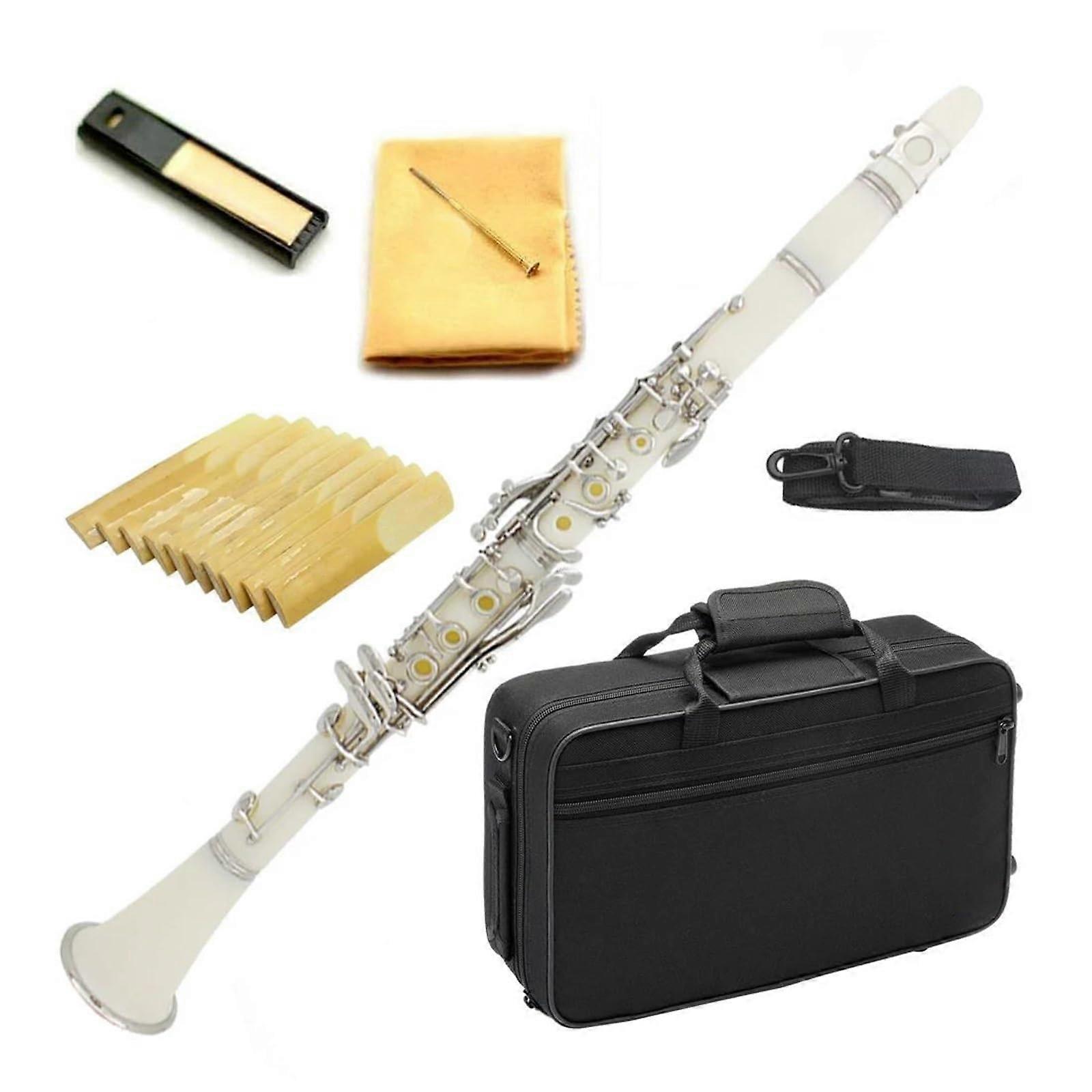 White Bb Clarinet for Beginners with Durable Nickel Keys, Clear Tone, Fast Response, Complete Kit
