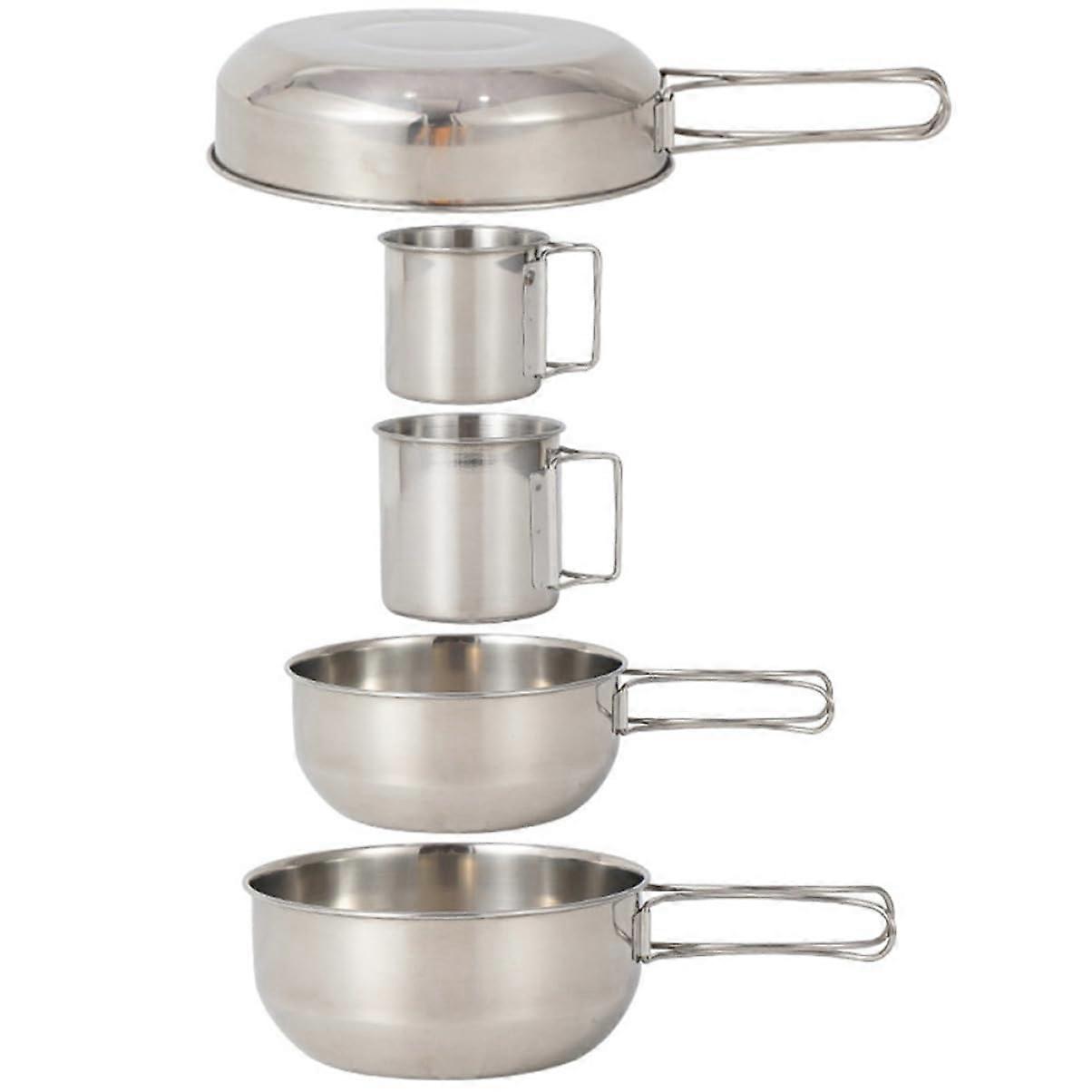 5pcs Stainless Steel Camping Cookware Cup and Pot Set, Rust Resistant Easy Clean Outdoor Tableware